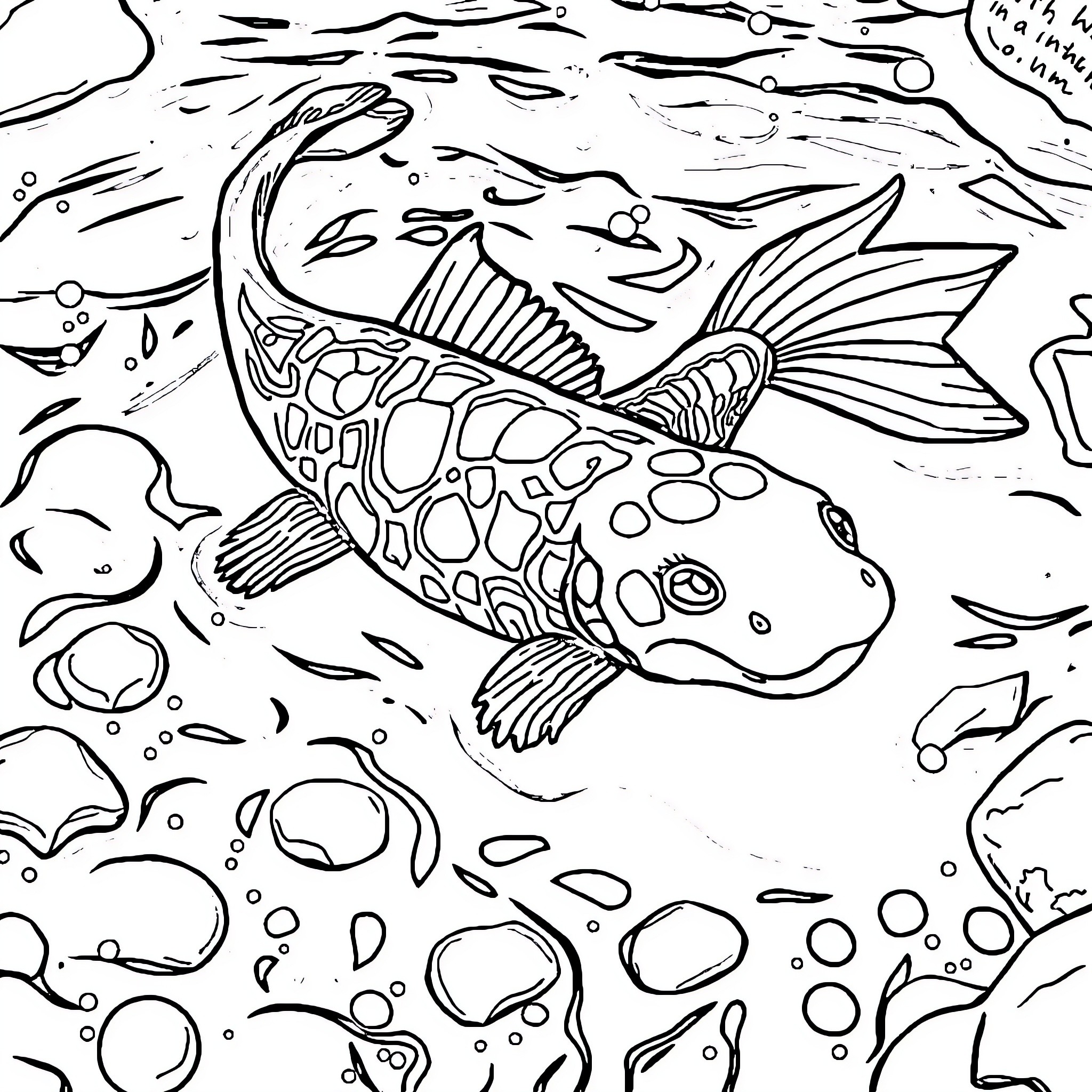 Axolotl swimming gracefully in the water Coloring Page (free black-and-white line drawing printable PDF for all, from beginners to advanced learners, including children, teens, adults, and seniors)