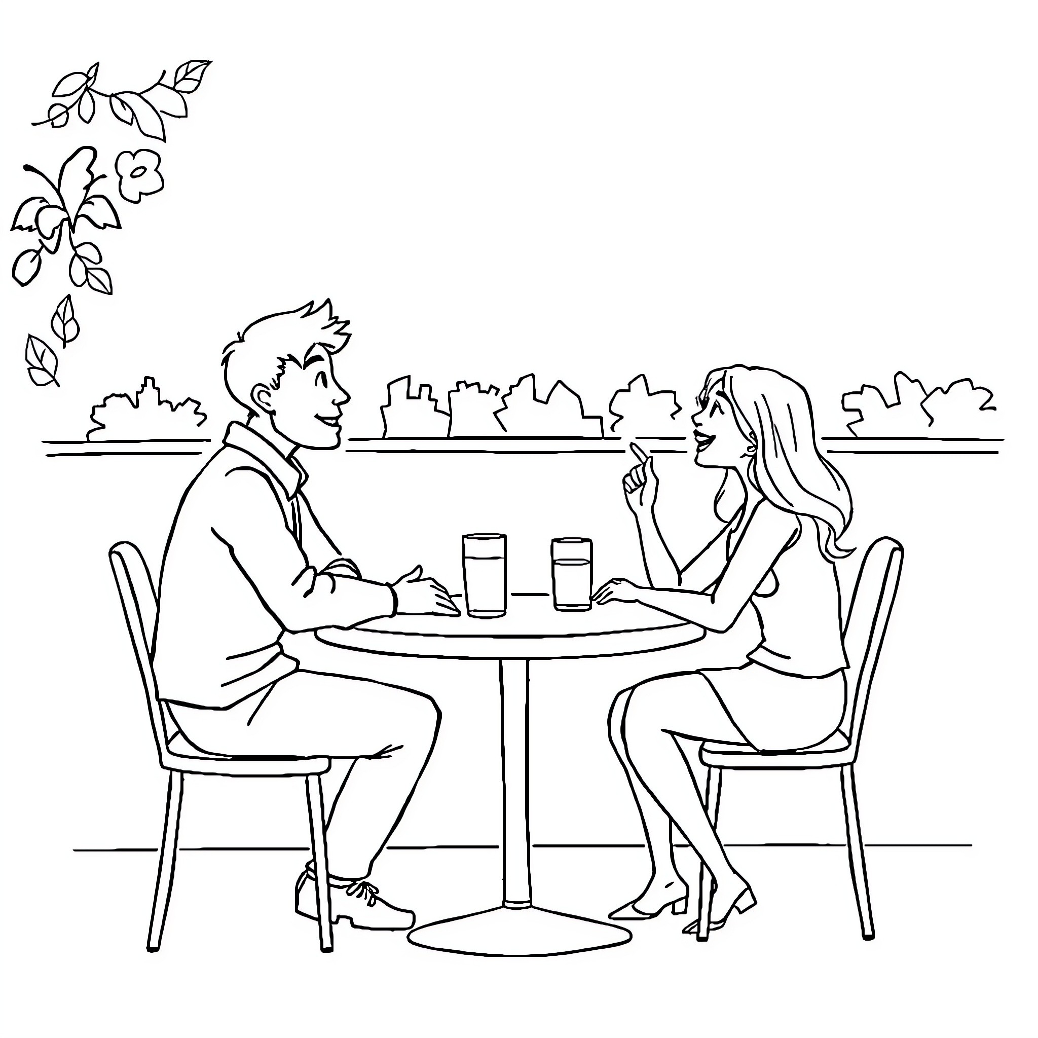 Cat couple enjoying a date at a cafe Coloring Page (free black-and-white line drawing printable PDF for all, from beginners to advanced learners, including children, teens, adults, and seniors)