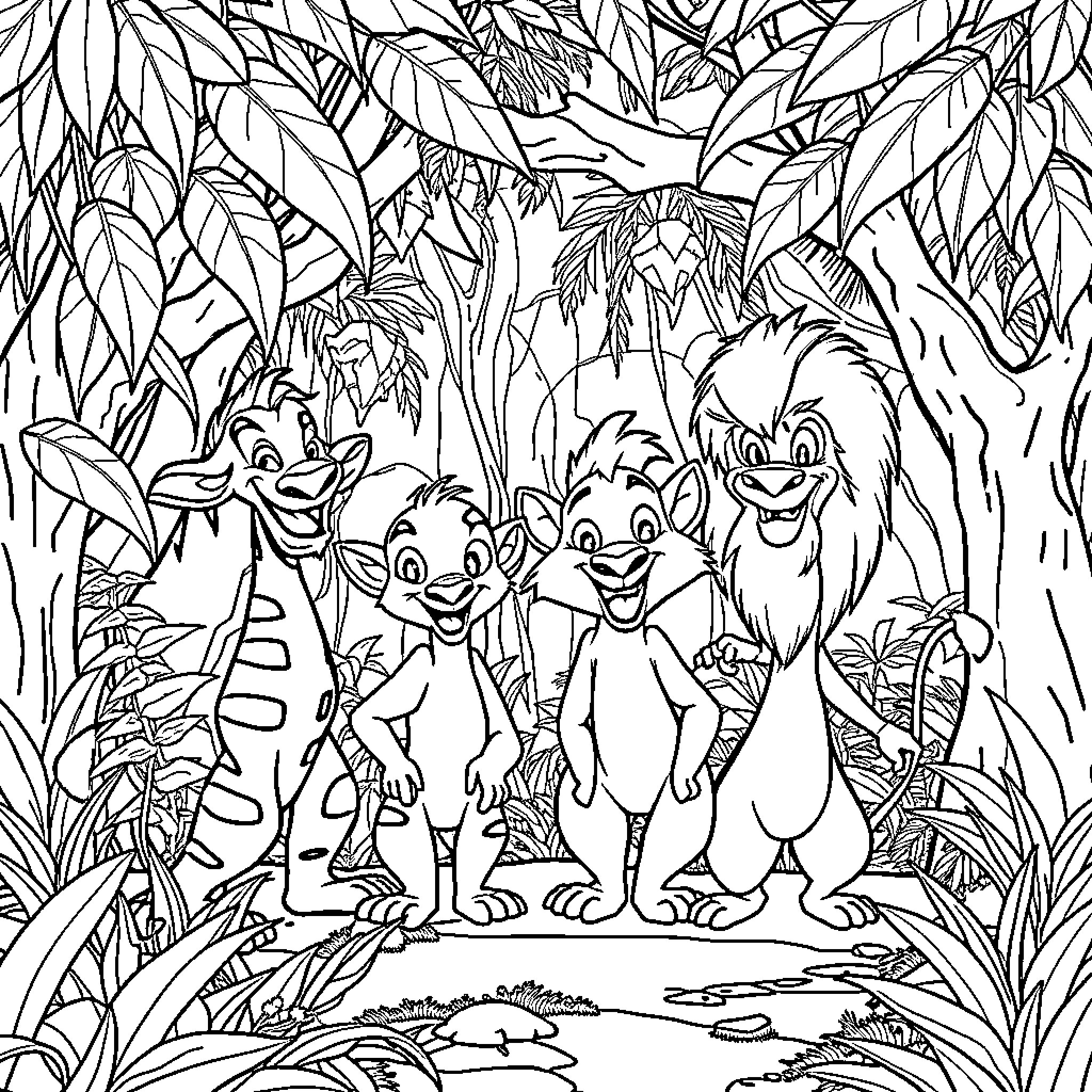 Lion King Friends Happily Exploring the Jungle Coloring Page (free black-and-white line drawing printable PDF for all, from beginners to advanced learners, including children, teens, adults, and seniors)