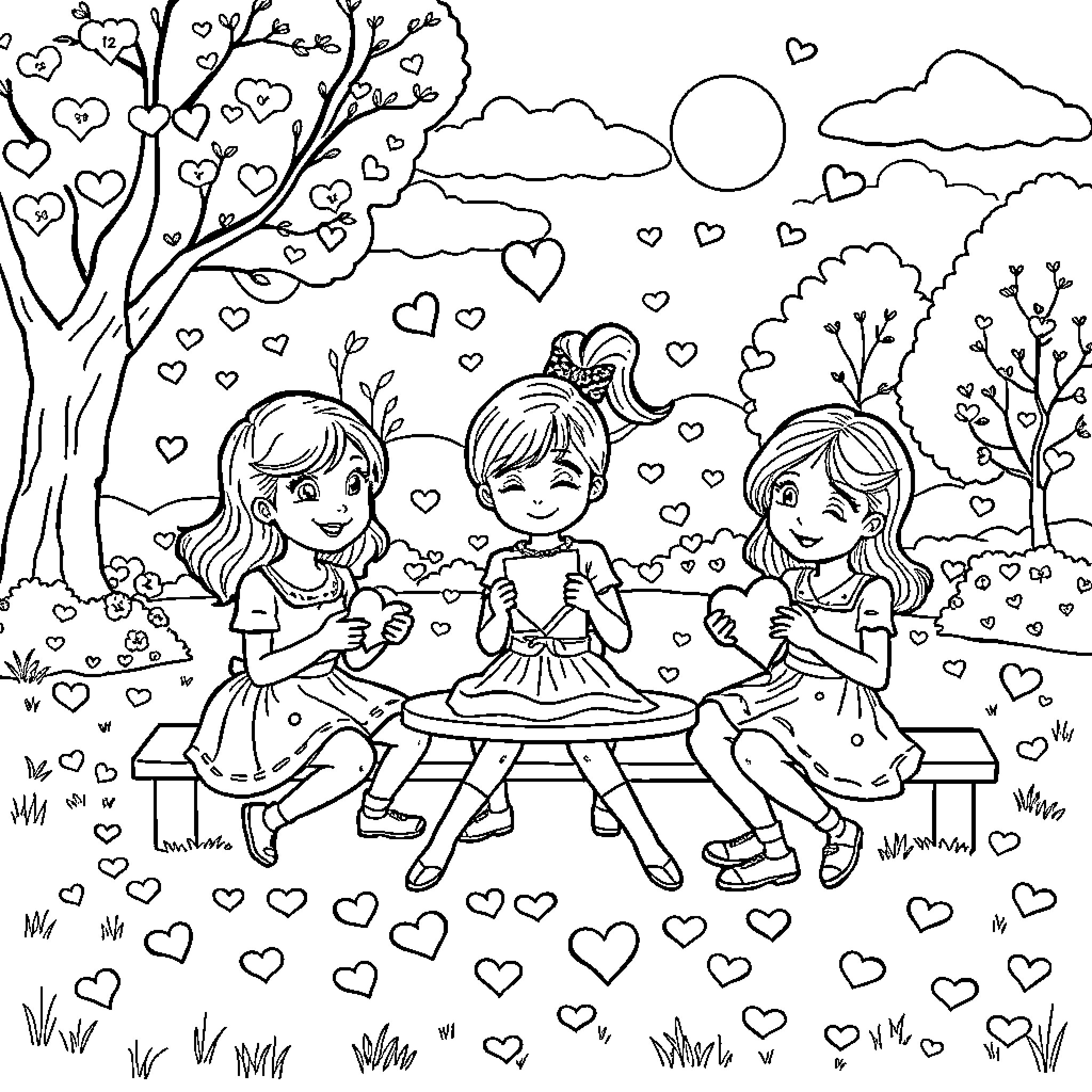 Girls enjoying a playful day in the park Coloring Page (free black-and-white line drawing printable PDF for all, from beginners to advanced learners, including children, teens, adults, and seniors)