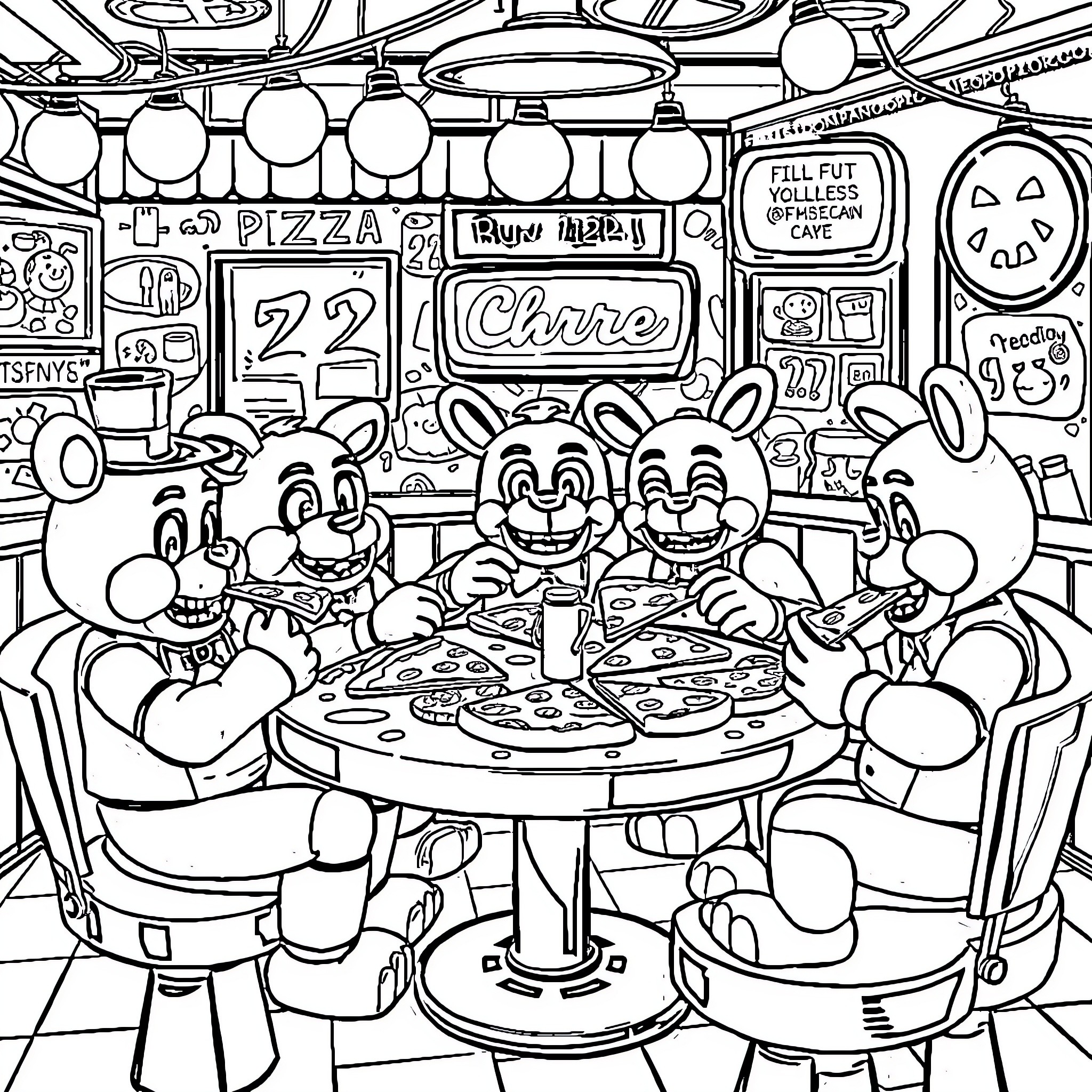 Freddy and Friends Enjoying a Lively Pizza Party Coloring Page (free black-and-white line drawing printable PDF for all, from beginners to advanced learners, including children, teens, adults, and seniors)