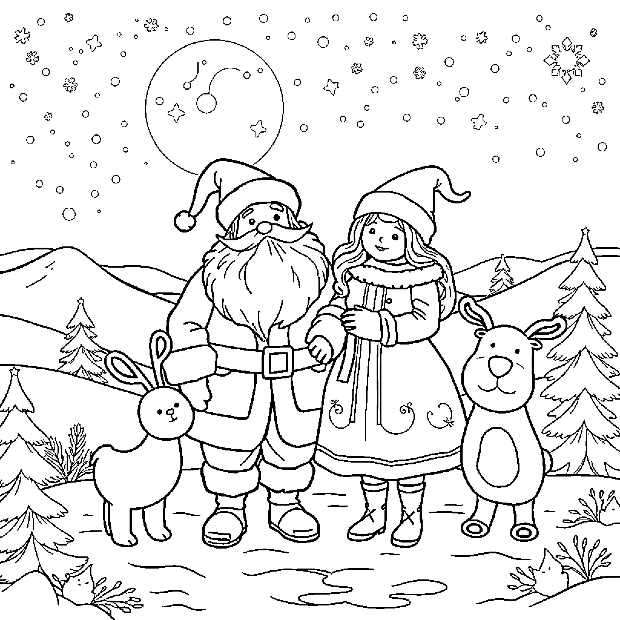 Father Christmas and friends celebrate winter wonderland Coloring Page (free black-and-white line drawing printable PDF for all, from beginners to advanced learners, including children, teens, adults, and seniors)