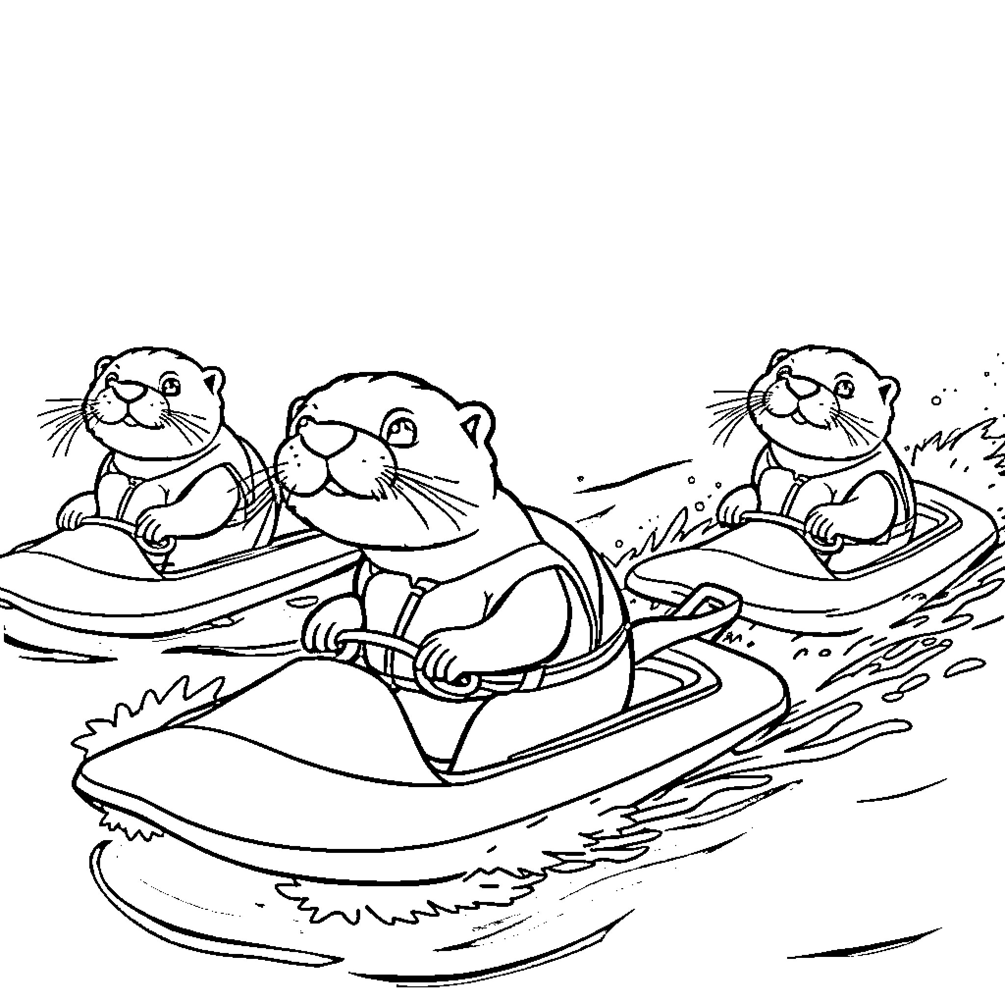 Otter family enjoying a boat ride on the water Coloring Page (free black-and-white line drawing printable PDF for all, from beginners to advanced learners, including children, teens, adults, and seniors)