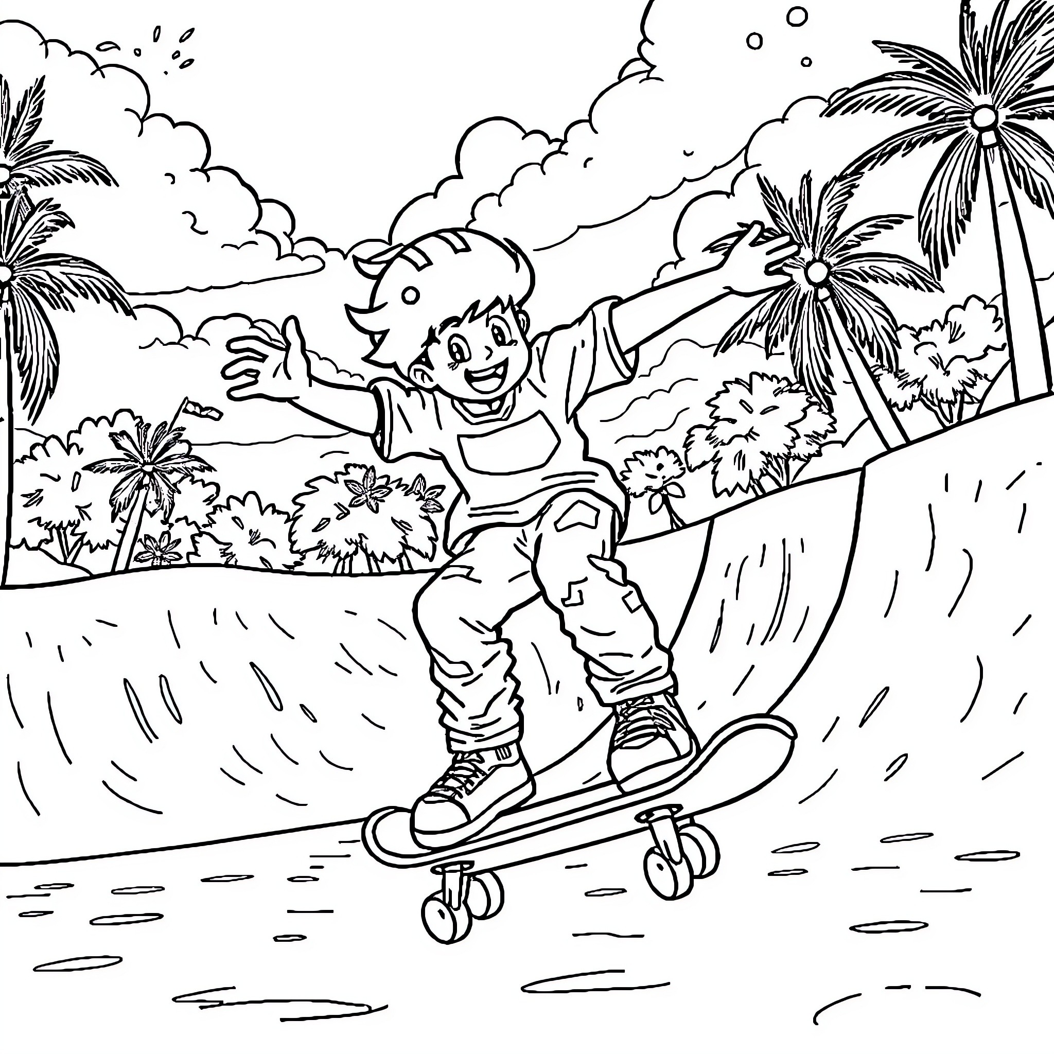 Bing Boy skateboarding in tropical paradise Coloring Page (free black-and-white line drawing printable PDF for all, from beginners to advanced learners, including children, teens, adults, and seniors)