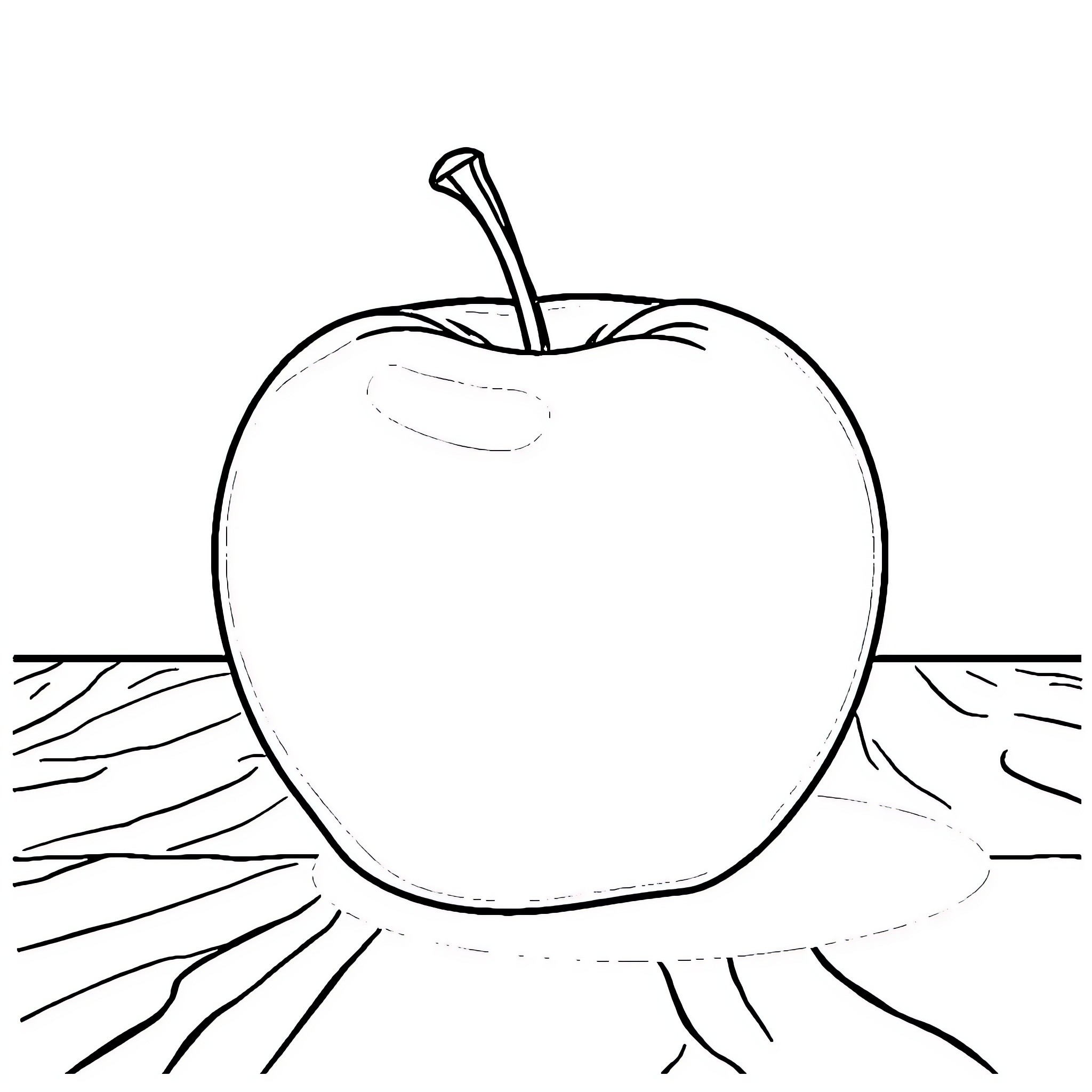 Apple on a Wooden Surface Coloring Page (free black-and-white line drawing printable PDF for all, from beginners to advanced learners, including children, teens, adults, and seniors)