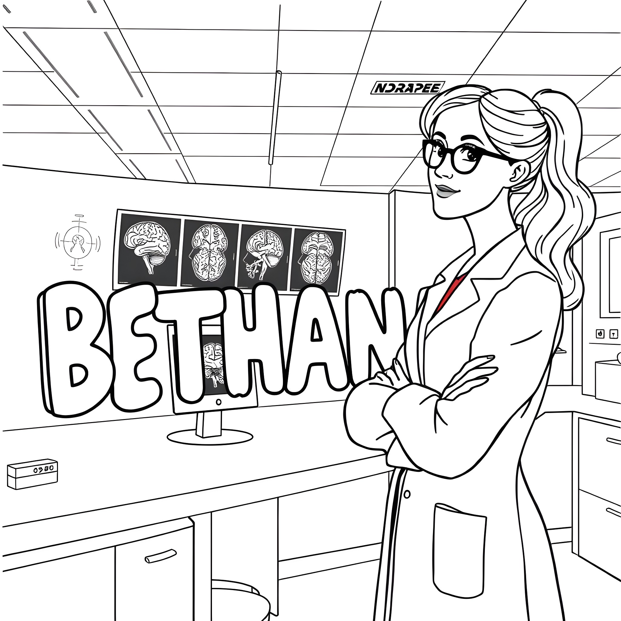Woman working in medical laboratory Coloring Page (free black-and-white line drawing printable PDF for all, from beginners to advanced learners, including children, teens, adults, and seniors)