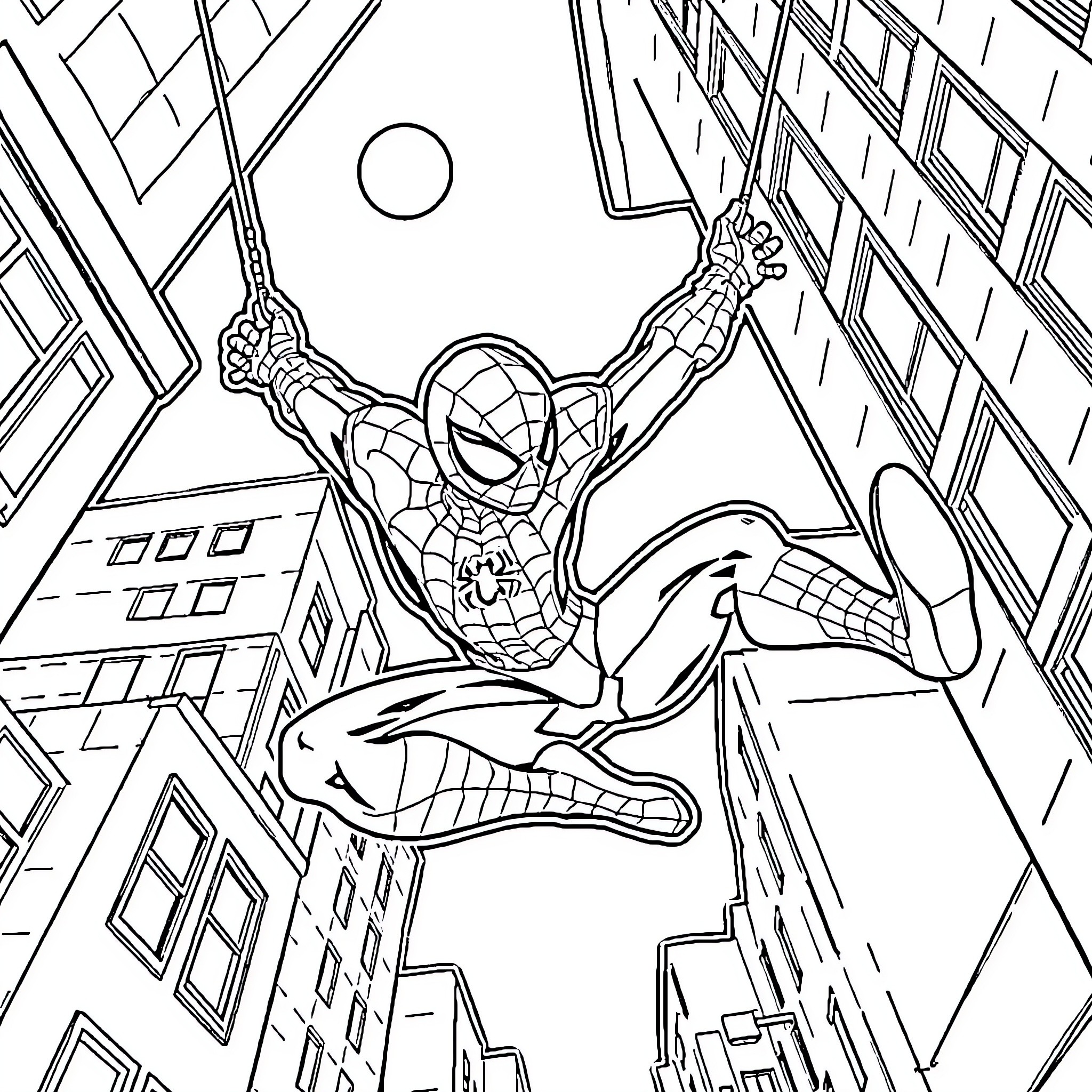Spider-Man swinging through the city skyline Coloring Page (free black-and-white line drawing printable PDF for all, from beginners to advanced learners, including children, teens, adults, and seniors)