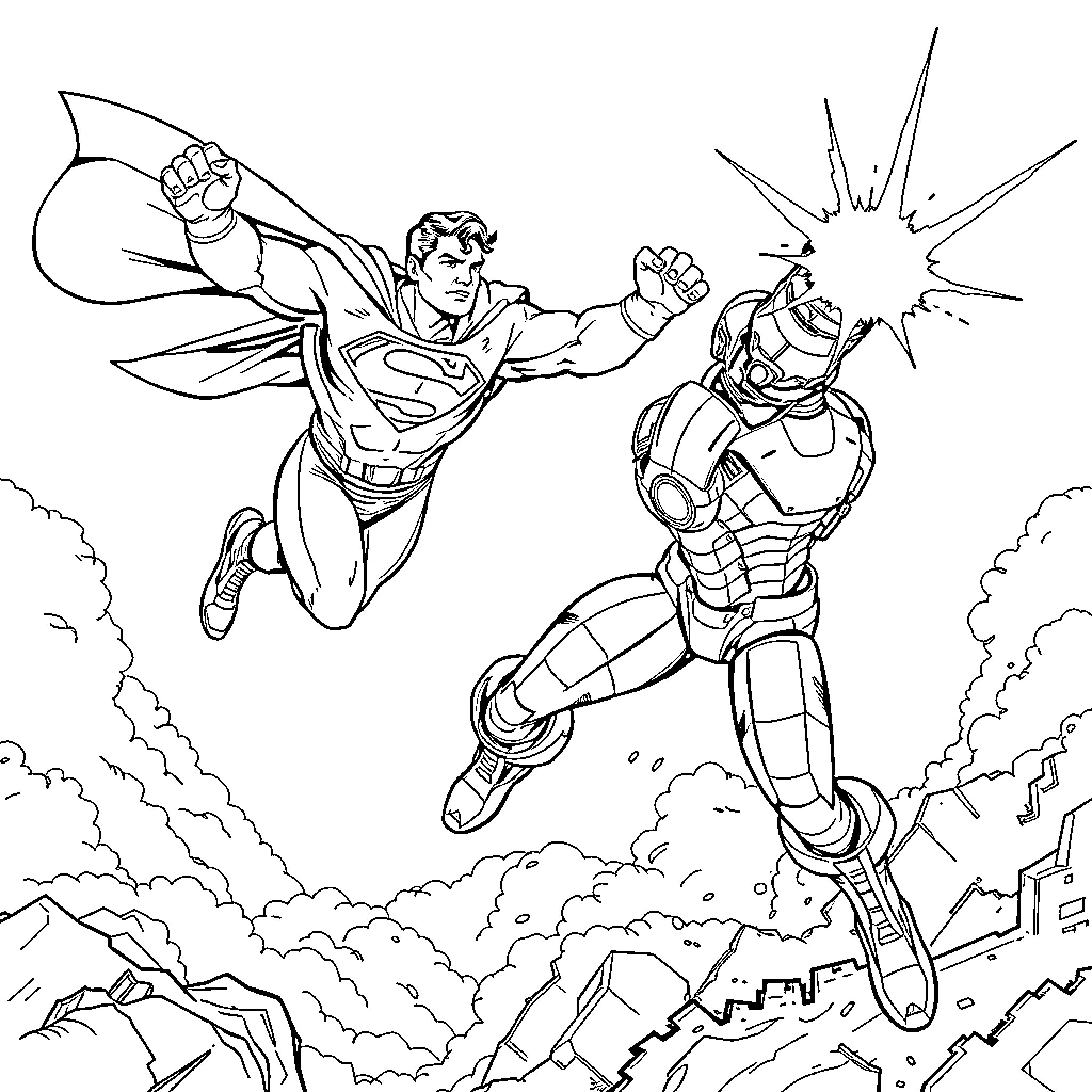 Superman battles heroically against a robotic foe Coloring Page (free black-and-white line drawing printable PDF for all, from beginners to advanced learners, including children, teens, adults, and seniors)