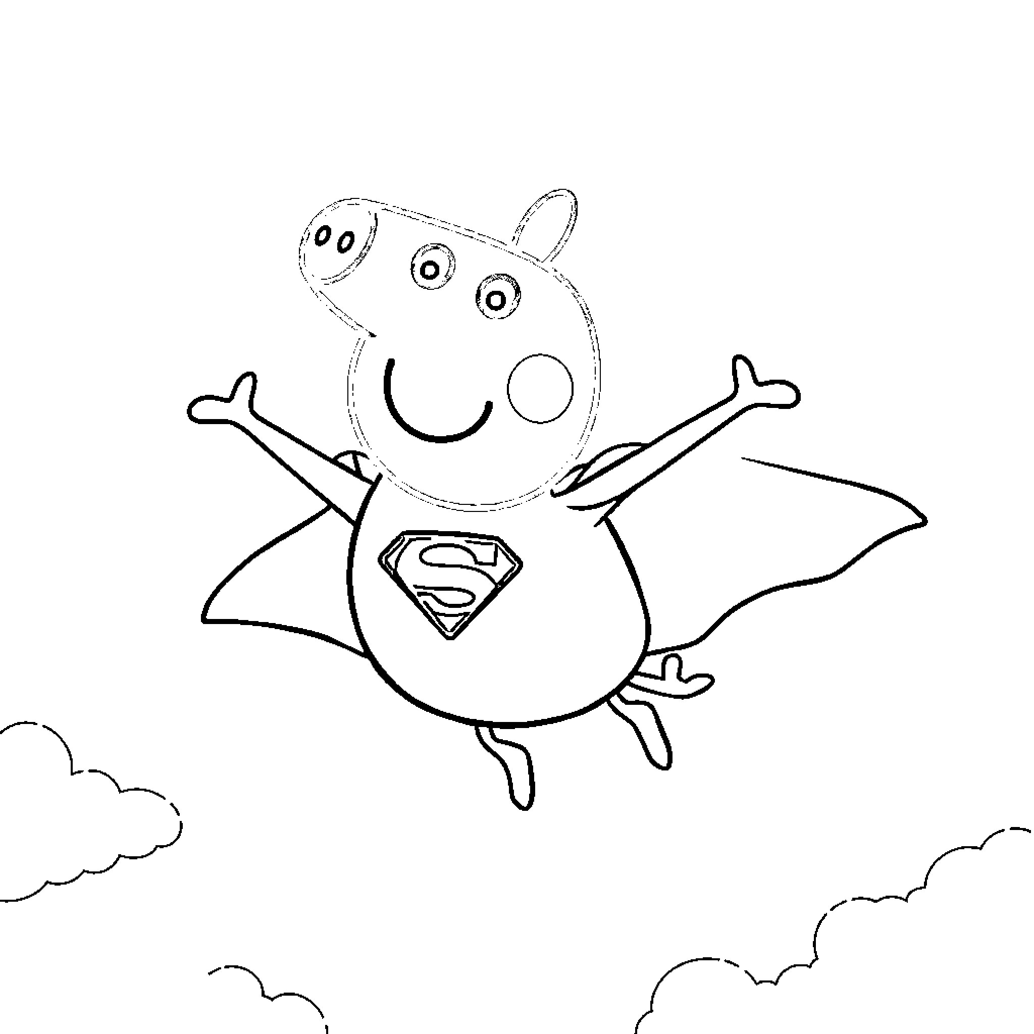 Peppa Pig flies as a superhero Coloring Page (free black-and-white line drawing printable PDF for all, from beginners to advanced learners, including children, teens, adults, and seniors)