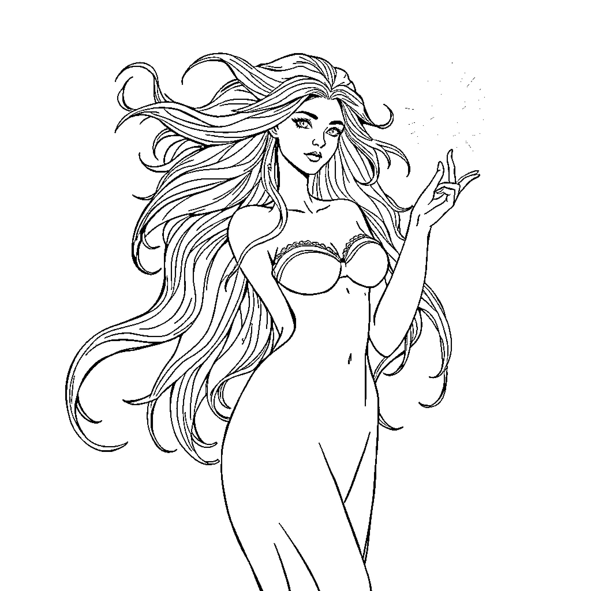 Siren with long flowing hair and alluring expression Coloring Page (free black-and-white line drawing printable PDF for all, from beginners to advanced learners, including children, teens, adults, and seniors)