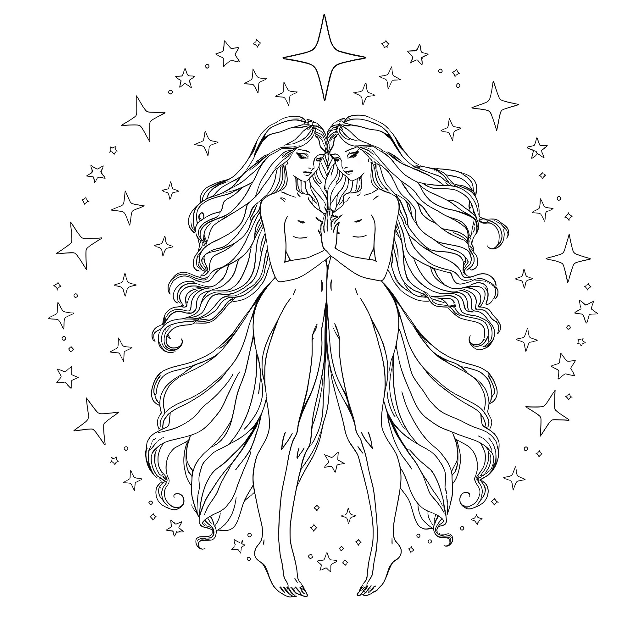 Gemini - Twin sisters embracing in starry night Coloring Page (free black-and-white line drawing printable PDF for all, from beginners to advanced learners, including children, teens, adults, and seniors)