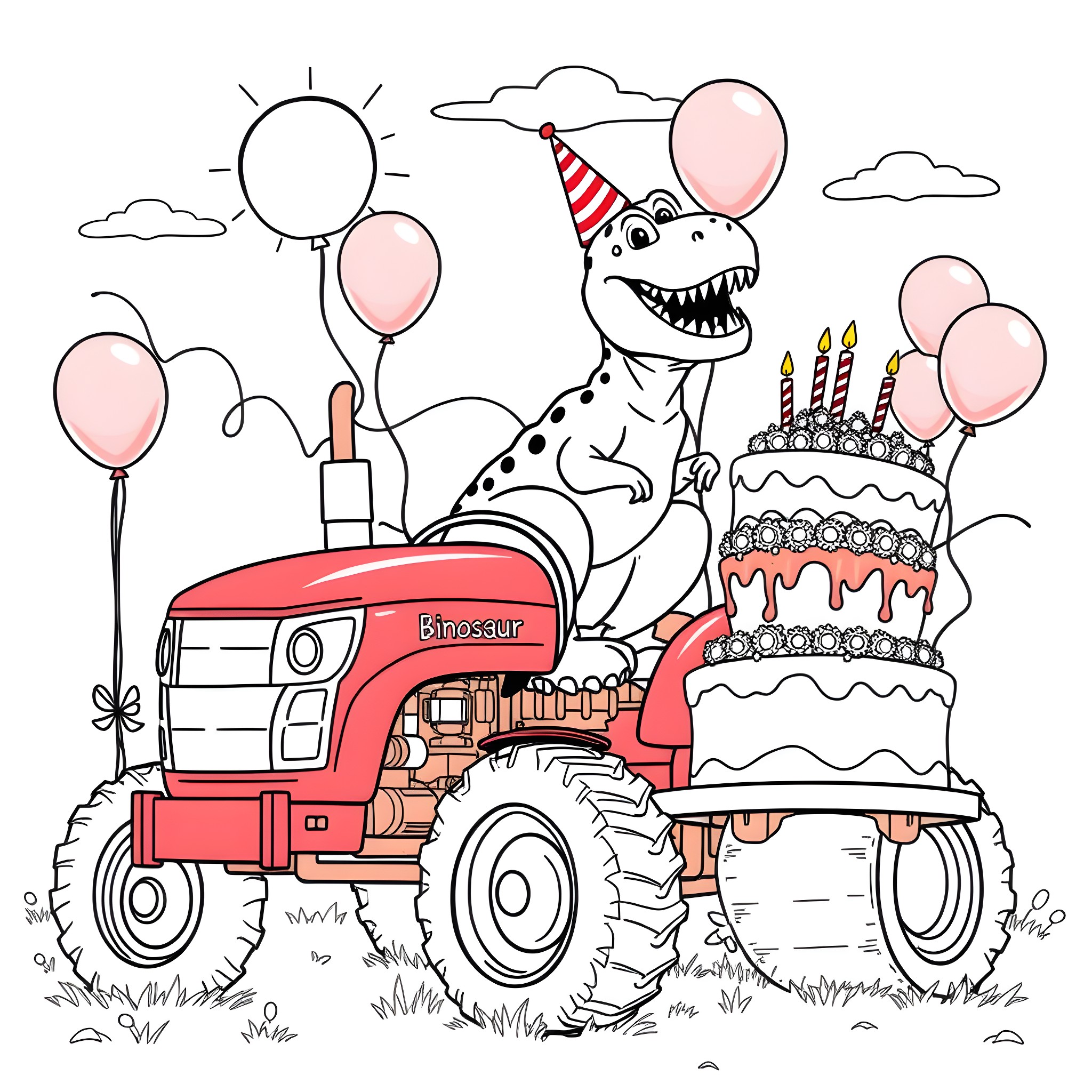 T-Rex Celebrates Birthday on Tractor with Cake and Balloons Coloring Page (free black-and-white line drawing printable PDF for all, from beginners to advanced learners, including children, teens, adults, and seniors)