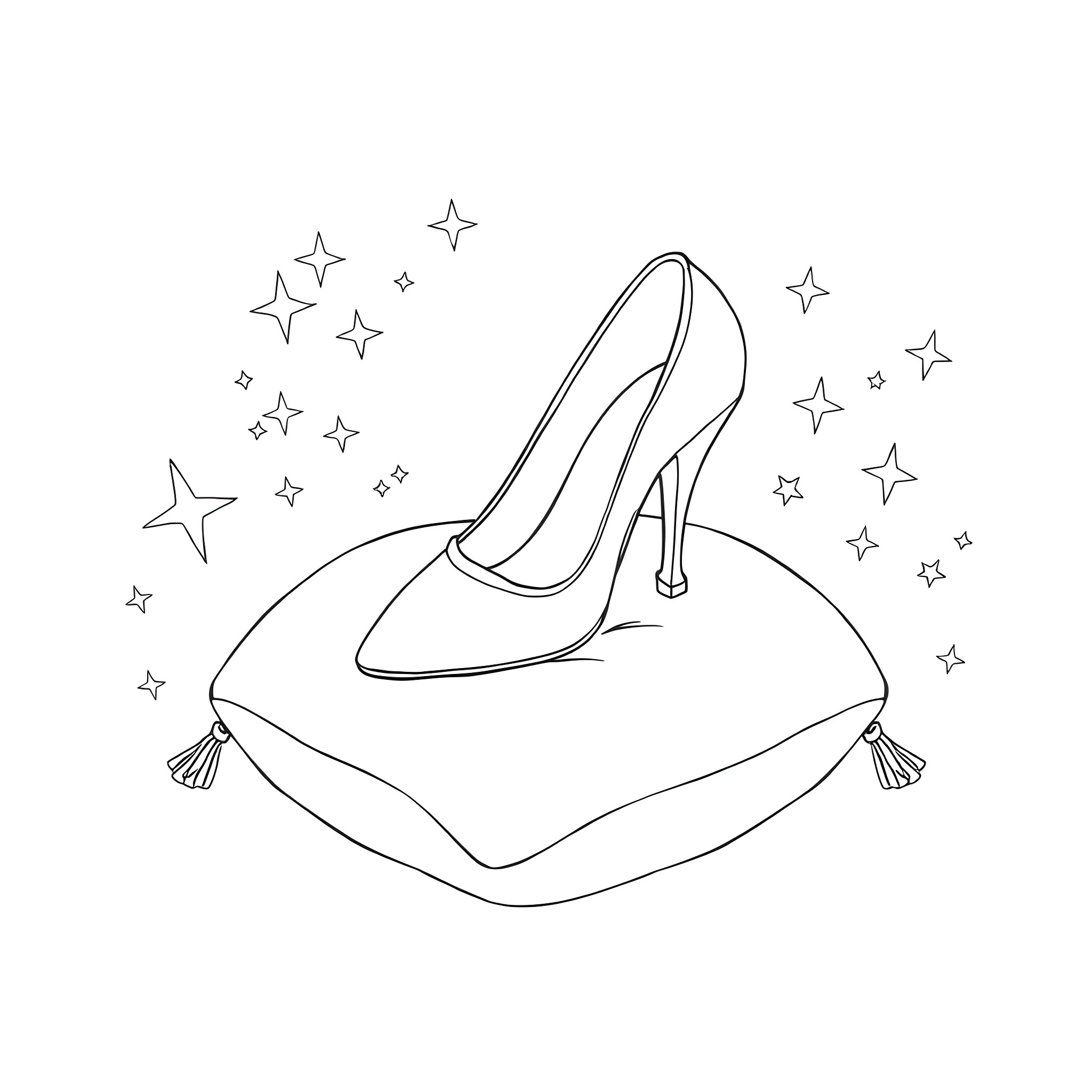 Cinderella's magical glass slipper amidst twinkling stars Coloring Page (free black-and-white line drawing printable PDF for all, from beginners to advanced learners, including children, teens, adults, and seniors)