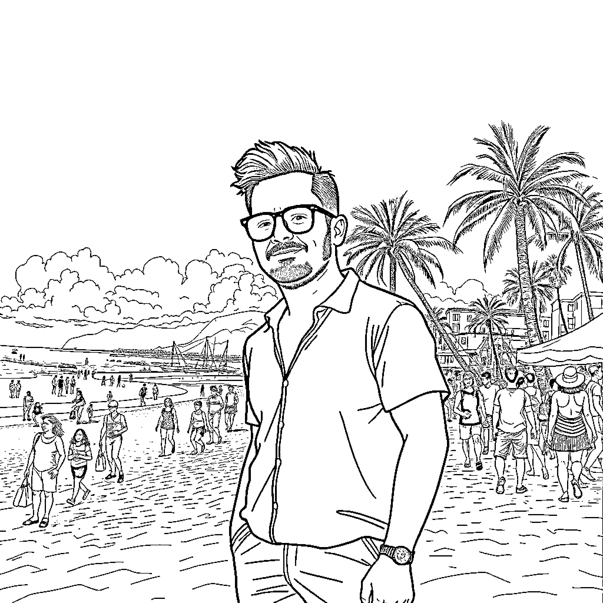 Ben Shapiro enjoying a beach day with friends Coloring Page (free black-and-white line drawing printable PDF for all, from beginners to advanced learners, including children, teens, adults, and seniors)