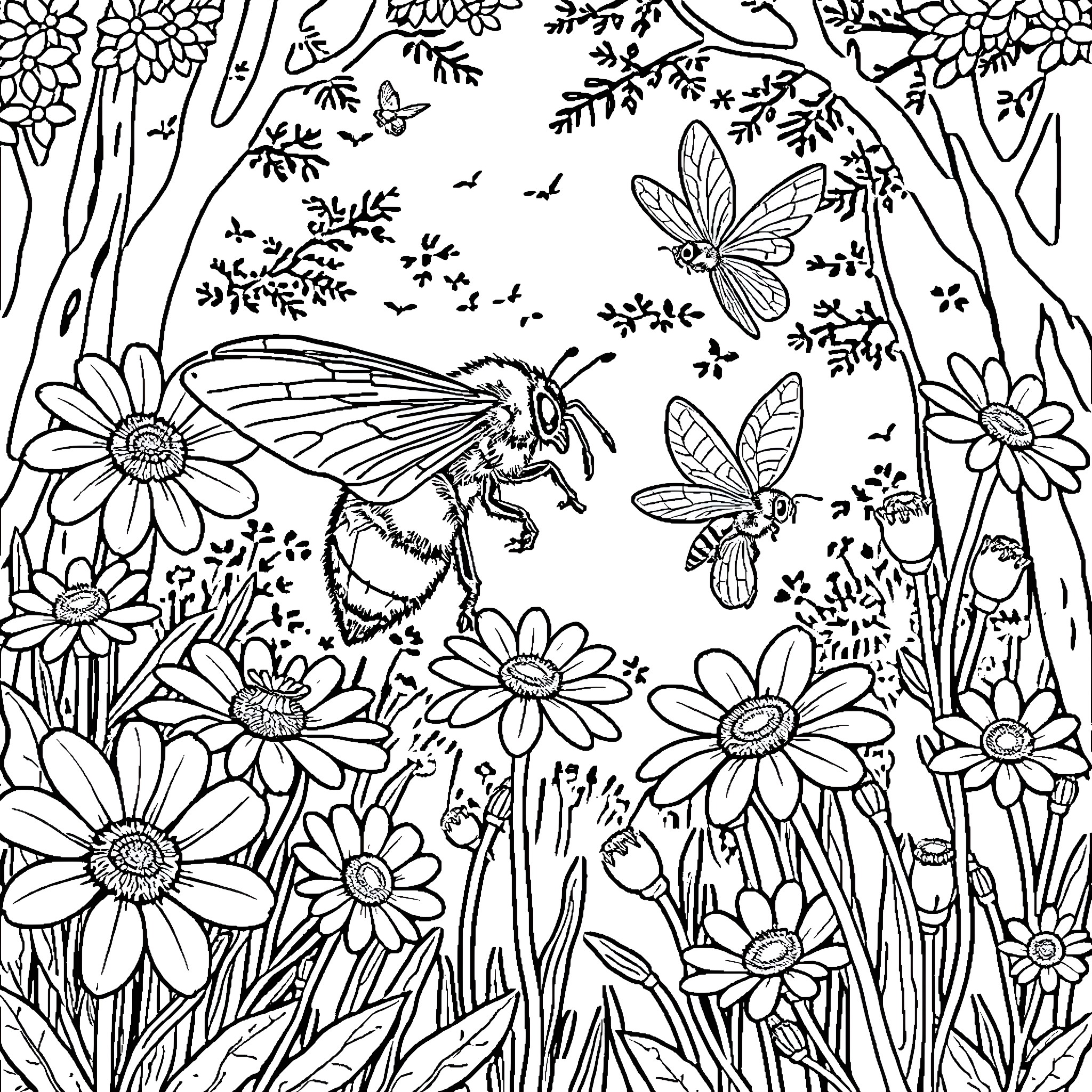 Bee and Butterflies in Floral Garden Coloring Page (free black-and-white line drawing printable PDF for all, from beginners to advanced learners, including children, teens, adults, and seniors)