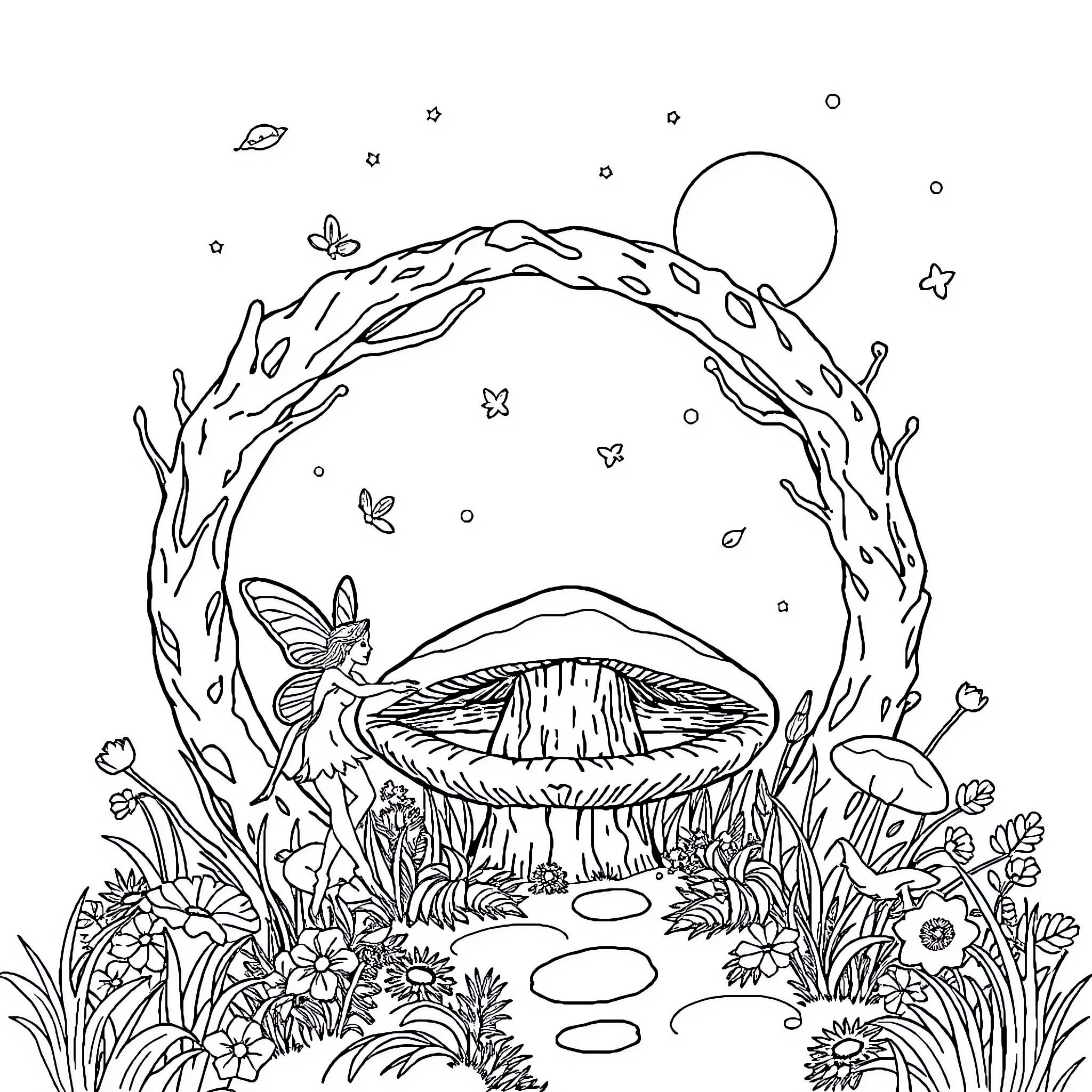 Mushroom fairy in whimsical forest scene Coloring Page (free black-and-white line drawing printable PDF for all, from beginners to advanced learners, including children, teens, adults, and seniors)