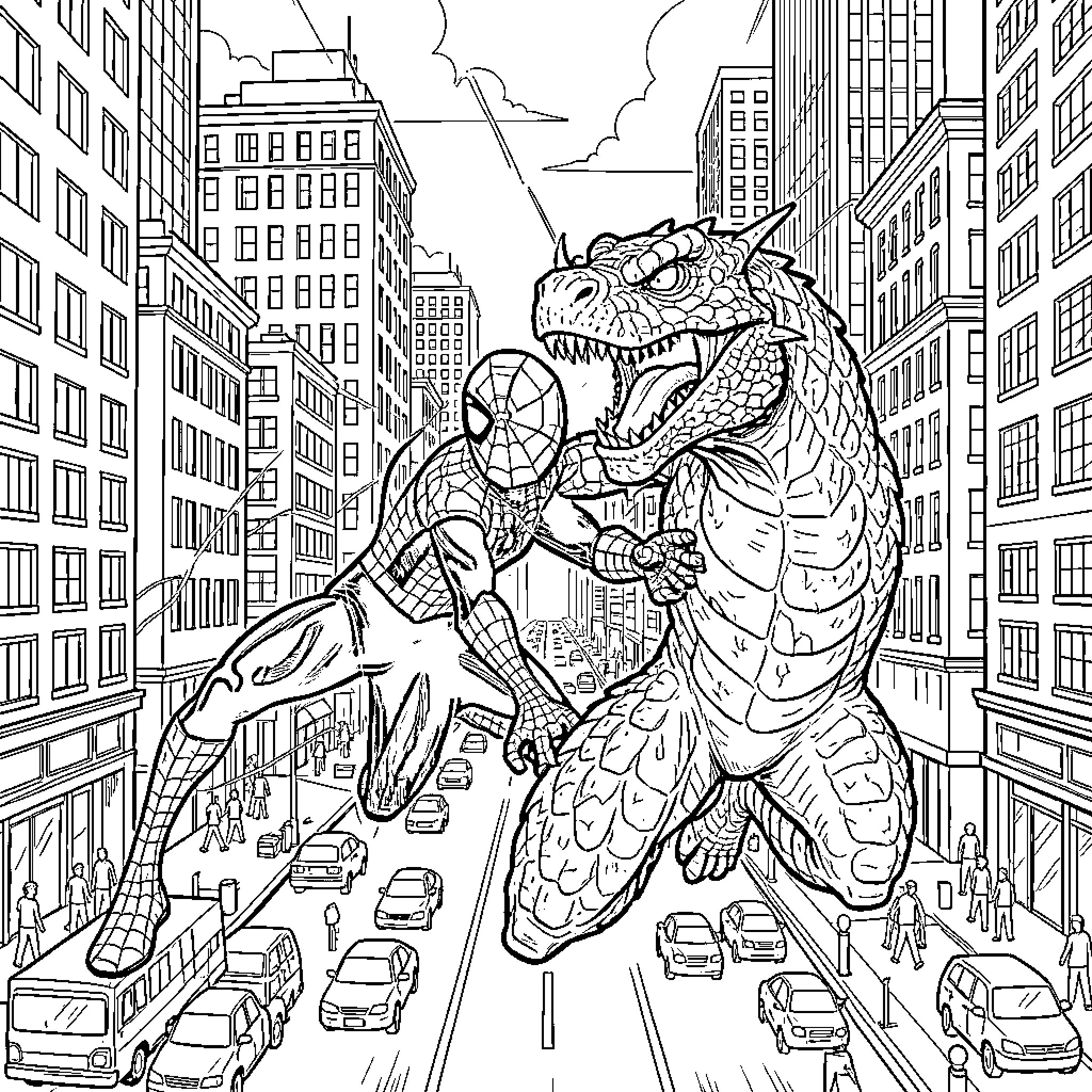 Spiderman fighting a giant dinosaur in a city Coloring Page (free black-and-white line drawing printable PDF for all, from beginners to advanced learners, including children, teens, adults, and seniors)
