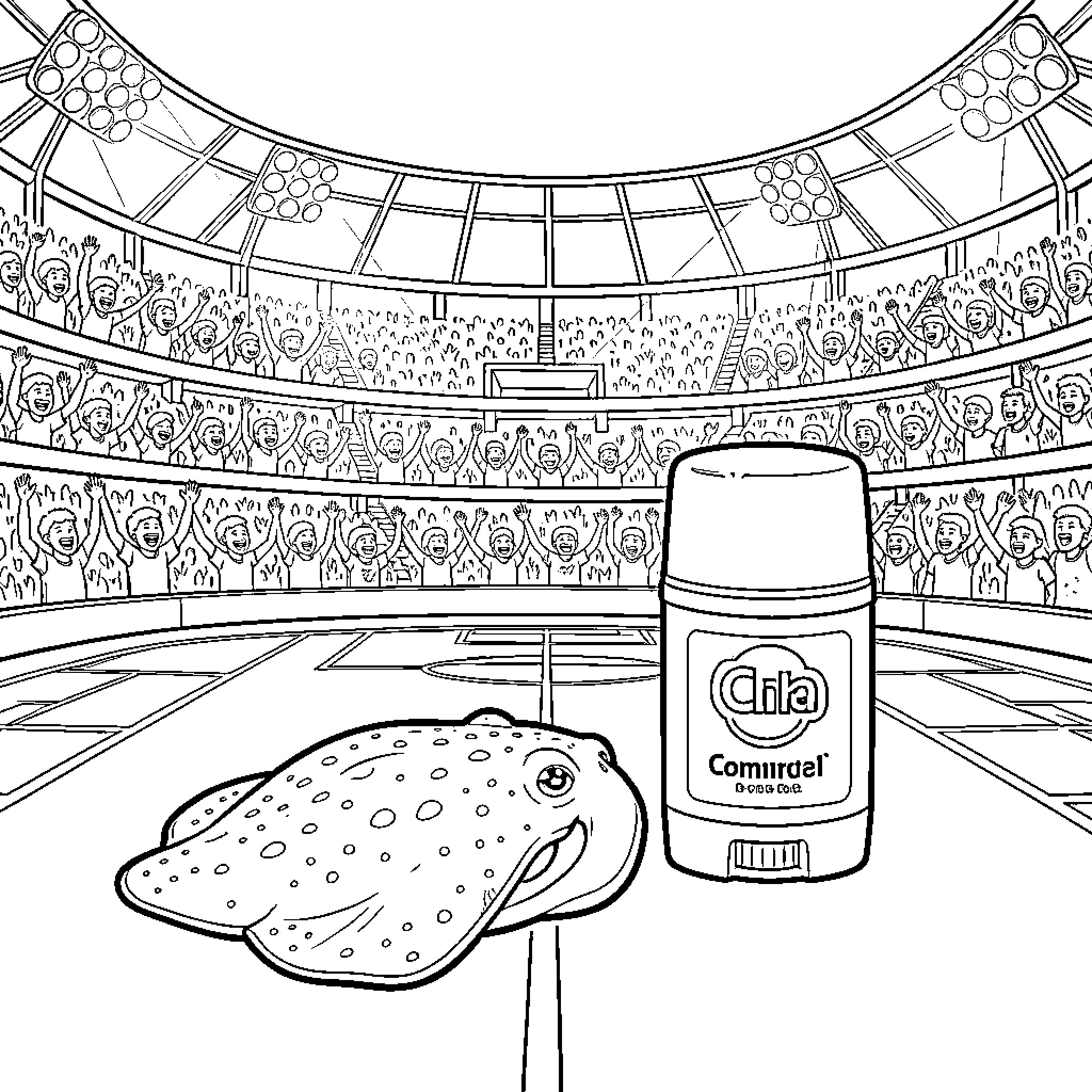 Cuttlefish resting in a crowded sports stadium Coloring Page (free black-and-white line drawing printable PDF for all, from beginners to advanced learners, including children, teens, adults, and seniors)