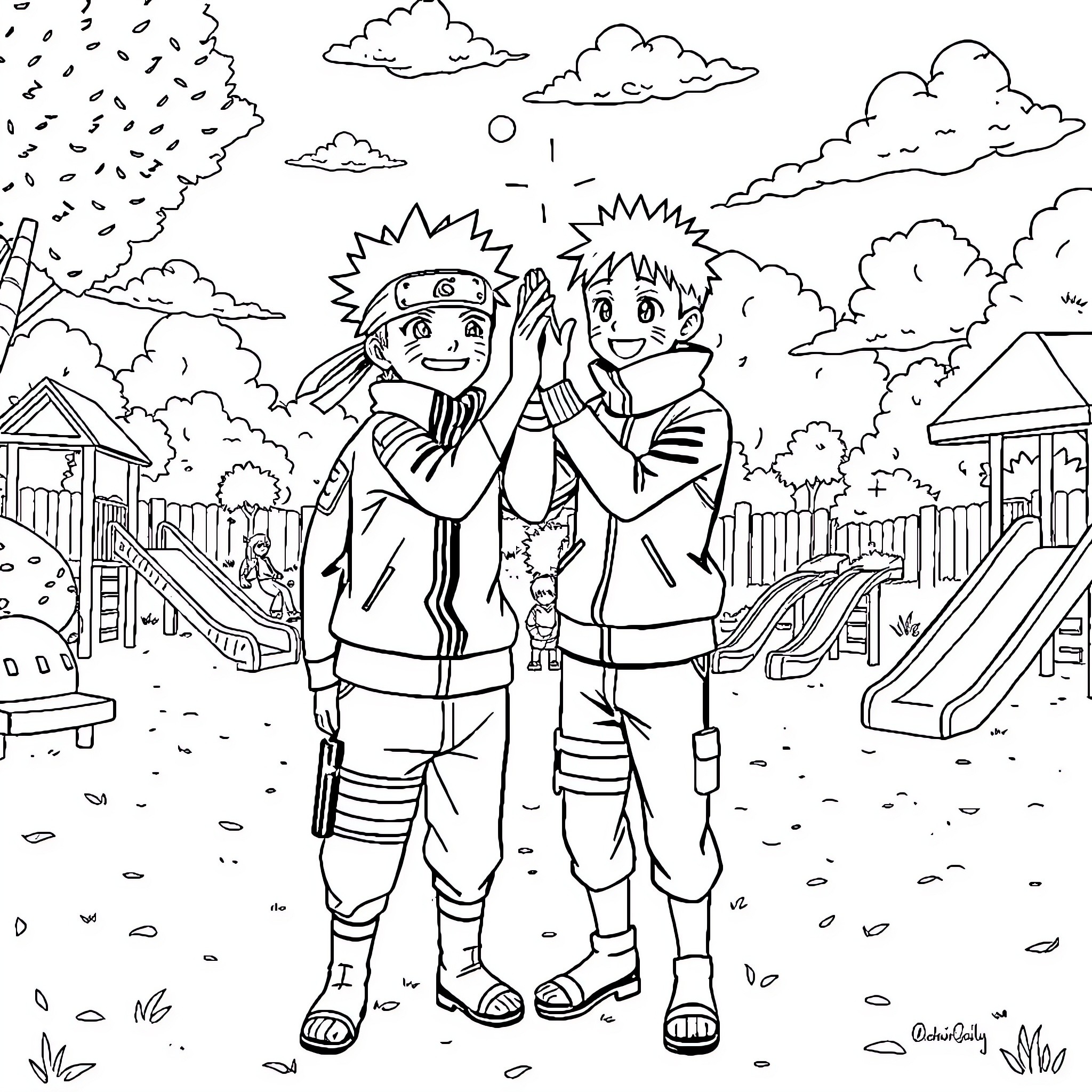 Naruto and Friend Enjoying Outdoor Adventure Coloring Page (free black-and-white line drawing printable PDF for all, from beginners to advanced learners, including children, teens, adults, and seniors)