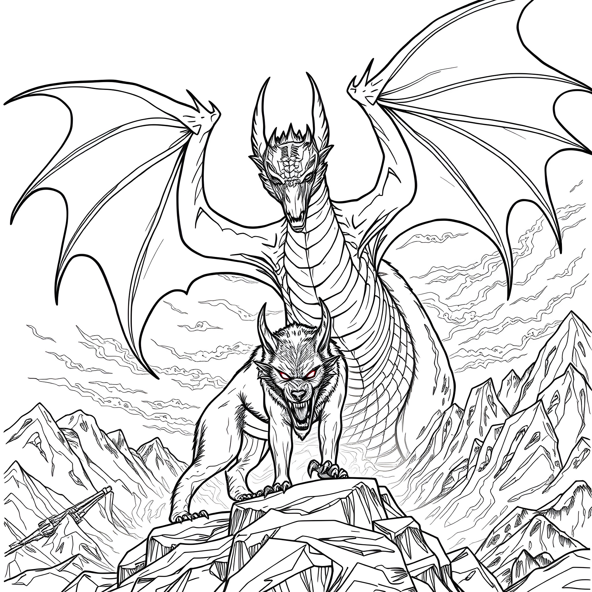 Dragon guarding its mountain lair Coloring Page (free black-and-white line drawing printable PDF for all, from beginners to advanced learners, including children, teens, adults, and seniors)