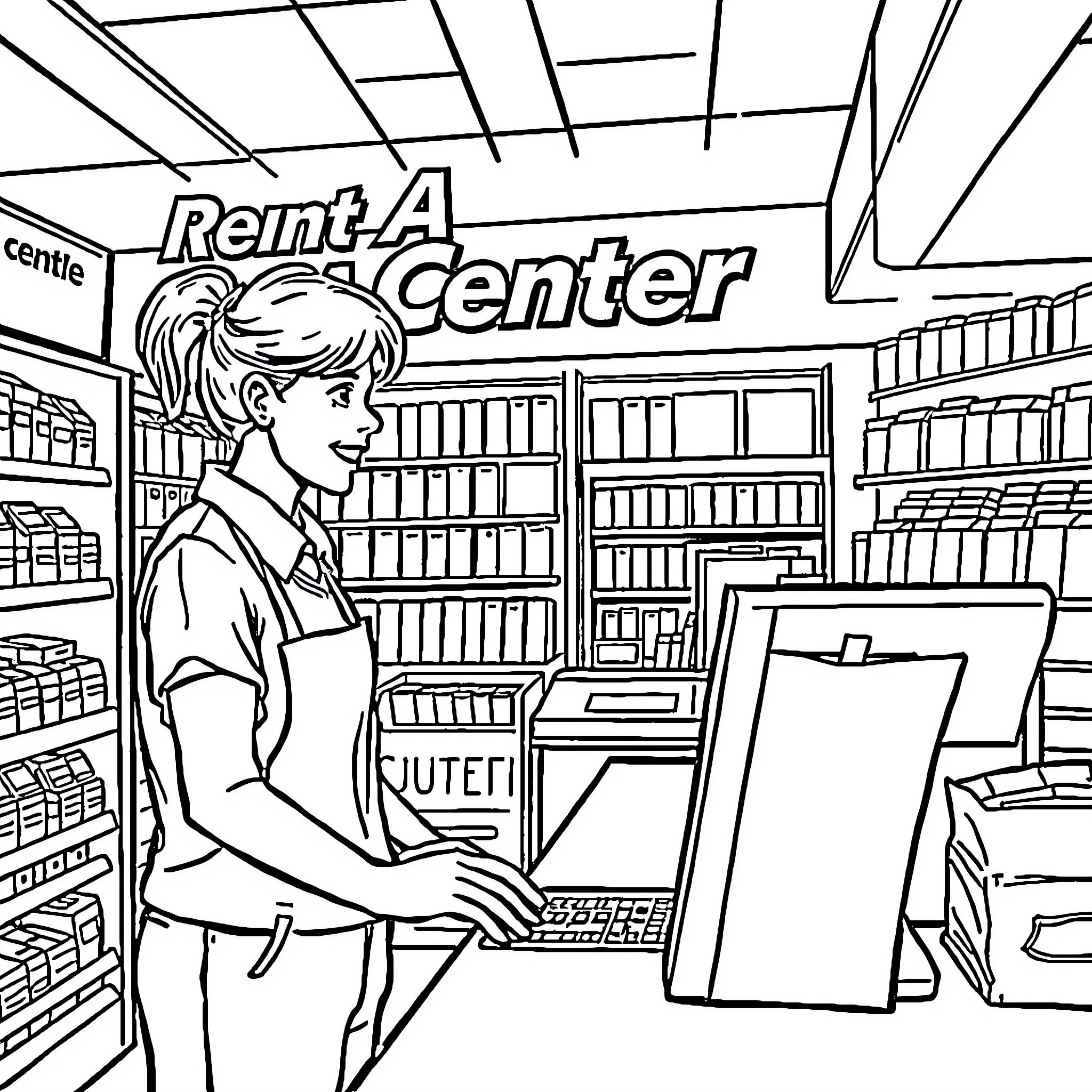 Employee working diligently at the Paint Center Coloring Page (free black-and-white line drawing printable PDF for all, from beginners to advanced learners, including children, teens, adults, and seniors)