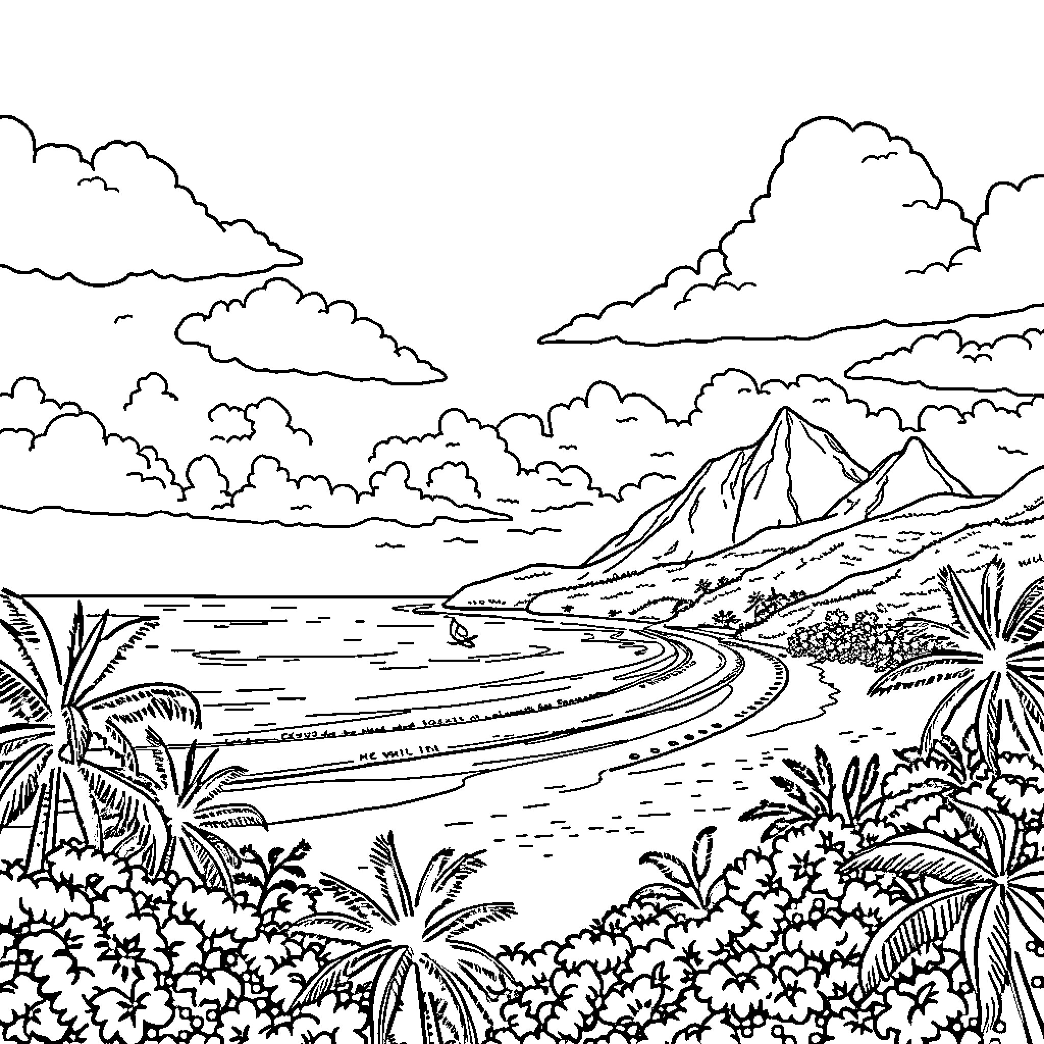 Martinique: Scenic Tropical Landscape with Coastline Coloring Page (free black-and-white line drawing printable PDF for all, from beginners to advanced learners, including children, teens, adults, and seniors)