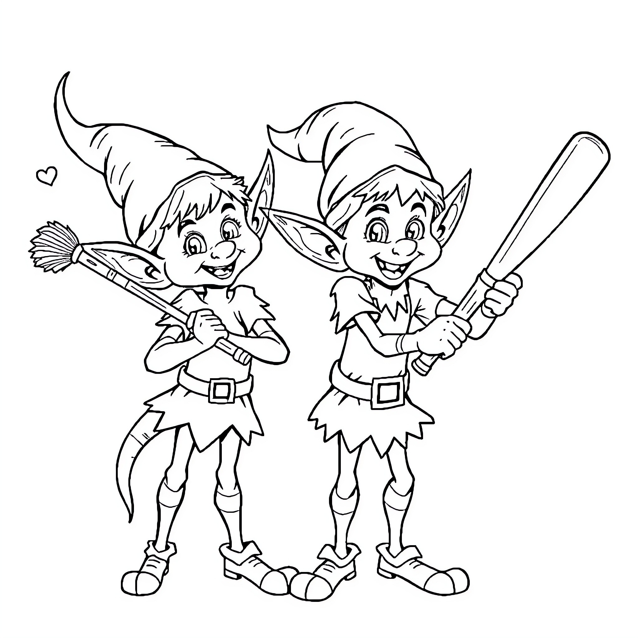 Elf siblings playing happily with toys Coloring Page (free black-and-white line drawing printable PDF for all, from beginners to advanced learners, including children, teens, adults, and seniors)