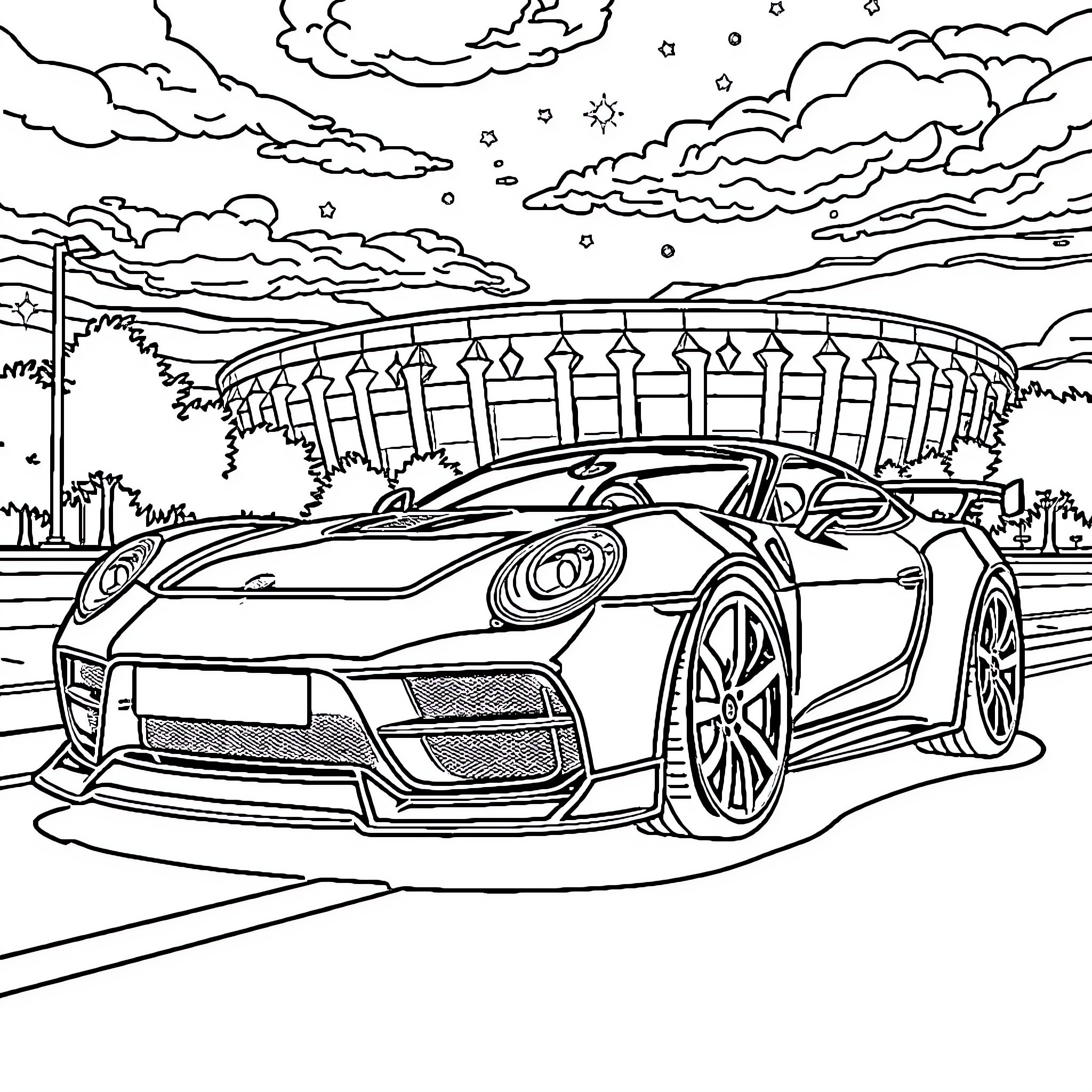 Auto Sports Car on the Road Coloring Page (free black-and-white line drawing printable PDF for all, from beginners to advanced learners, including children, teens, adults, and seniors)