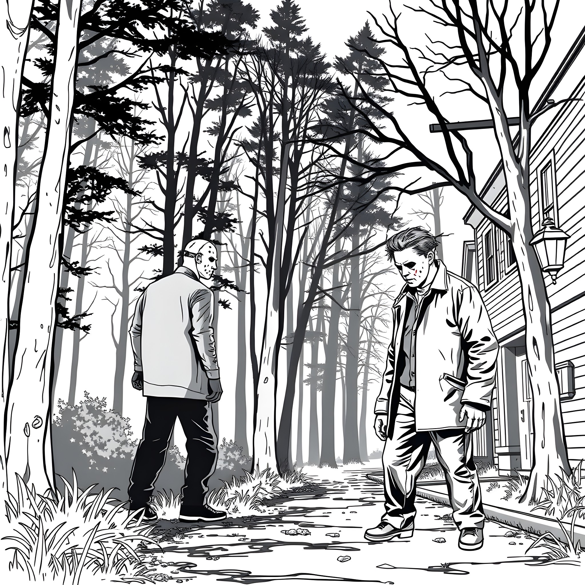 Jason Voorhees Stalking Unsuspecting Prey in the Ominous Forest Coloring Page (free black-and-white line drawing printable PDF for all, from beginners to advanced learners, including children, teens, adults, and seniors)