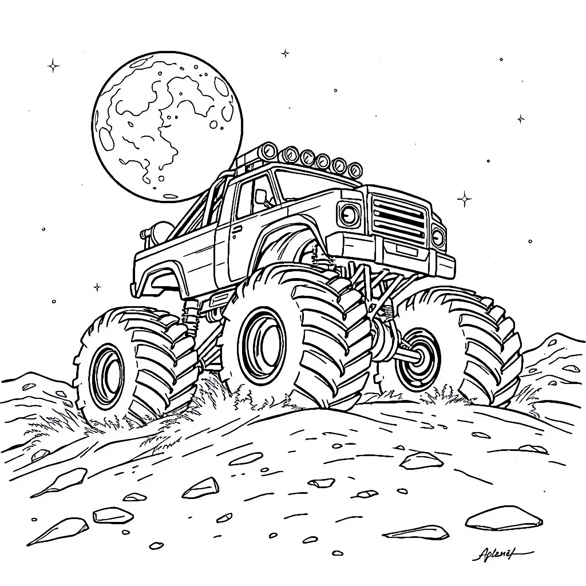 Monster Truck Exploring the Rugged Terrain under the Moonlight Coloring Page (free black-and-white line drawing printable PDF for all, from beginners to advanced learners, including children, teens, adults, and seniors)