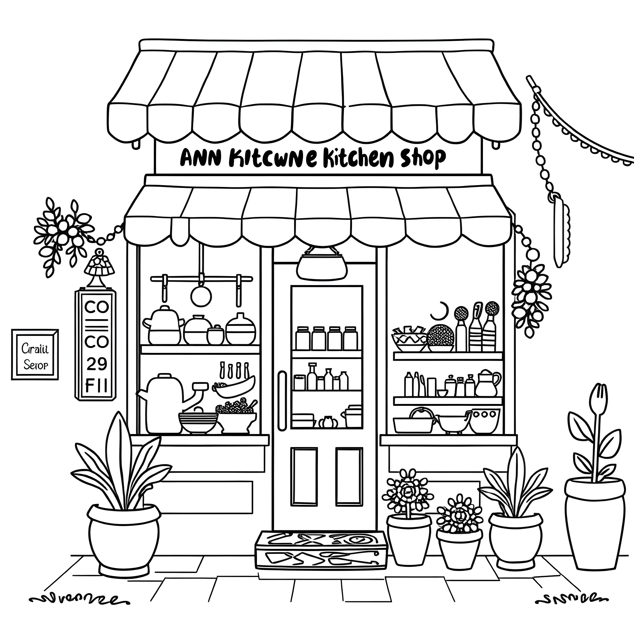Kitchen shop with various cooking items and plants Coloring Page (free black-and-white line drawing printable PDF for all, from beginners to advanced learners, including children, teens, adults, and seniors)
