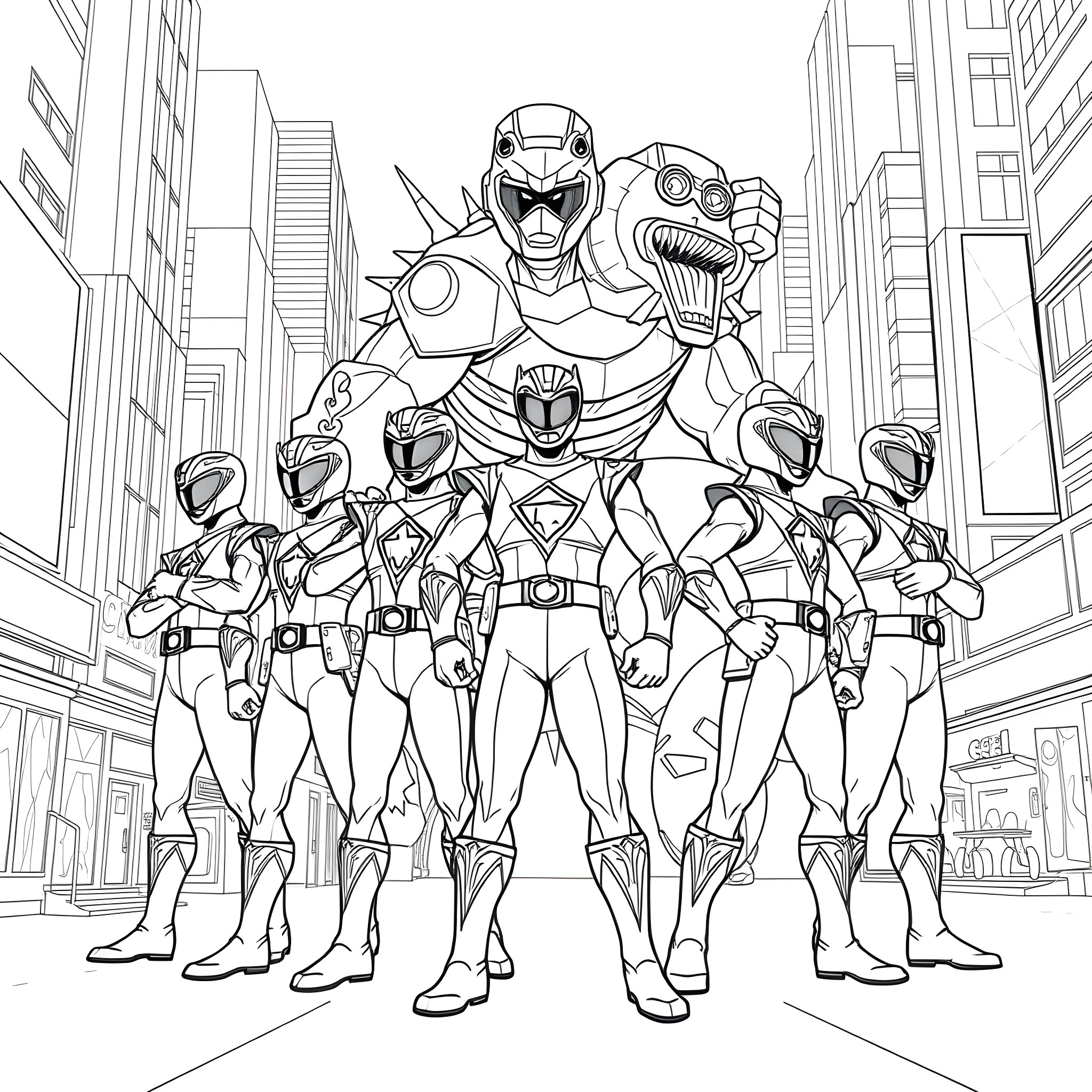 Power Rangers Defending the City Coloring Page (free black-and-white line drawing printable PDF for all, from beginners to advanced learners, including children, teens, adults, and seniors)