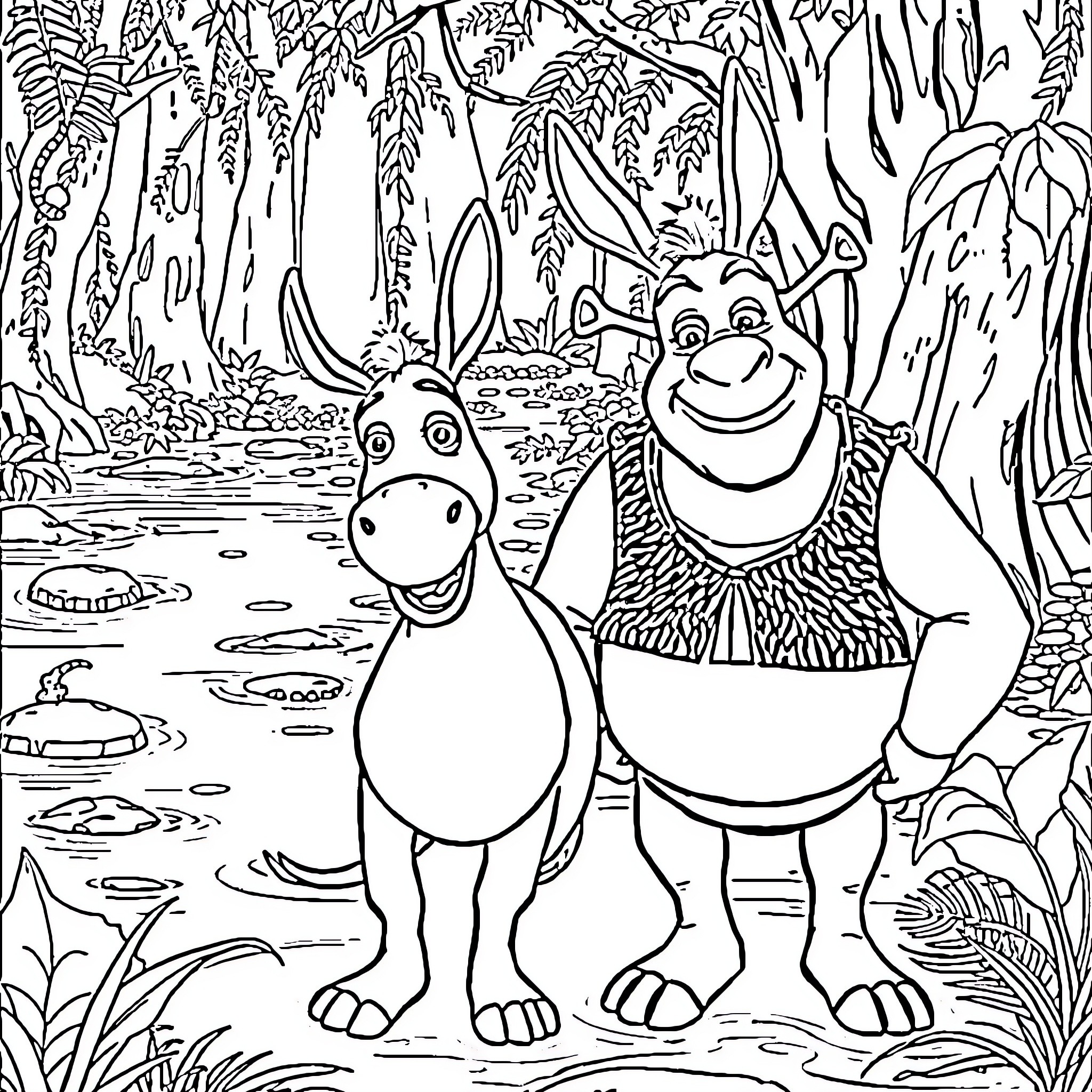 Donkey friends exploring lush forest landscape Coloring Page (free black-and-white line drawing printable PDF for all, from beginners to advanced learners, including children, teens, adults, and seniors)