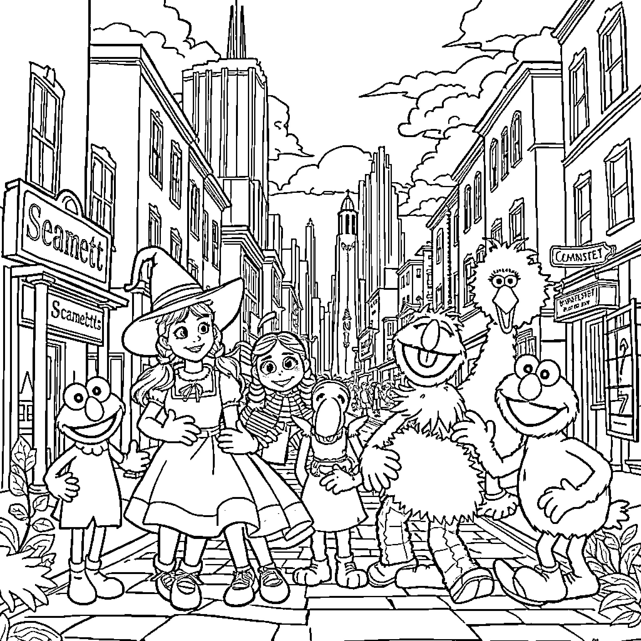 Wizard-like characters exploring a fantastical city street Coloring Page (free black-and-white line drawing printable PDF for all, from beginners to advanced learners, including children, teens, adults, and seniors)