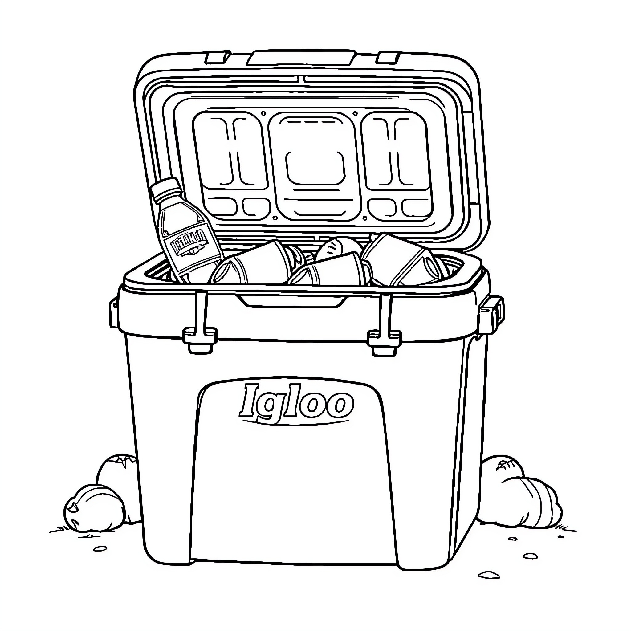 Cooler packed with outdoor gear and supplies Coloring Page (free black-and-white line drawing printable PDF for all, from beginners to advanced learners, including children, teens, adults, and seniors)