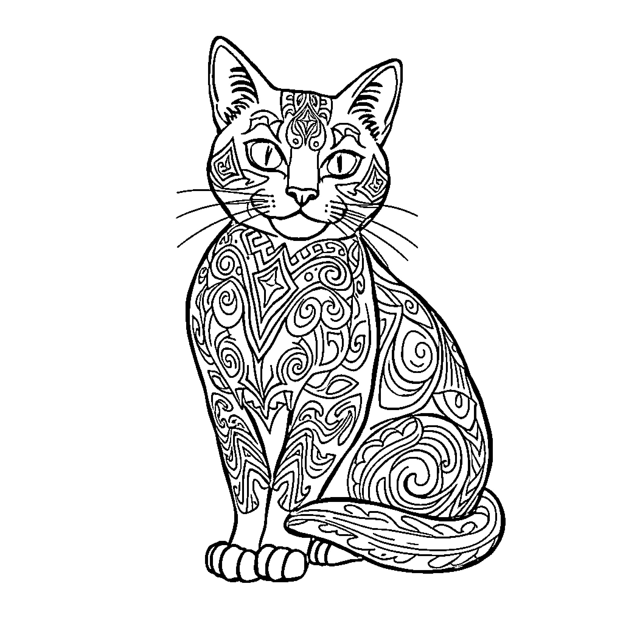 Cat with Intricate Patterned Fur Coloring Page (free black-and-white line drawing printable PDF for all, from beginners to advanced learners, including children, teens, adults, and seniors)
