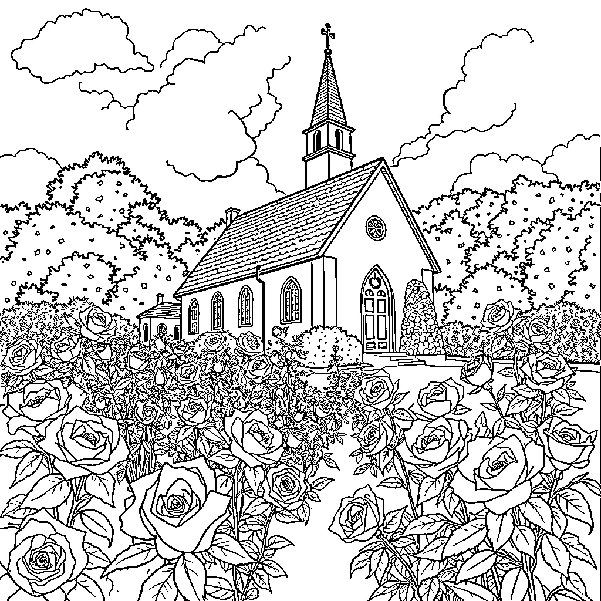 Church surrounded by a field of roses Coloring Page (free black-and-white line drawing printable PDF for all, from beginners to advanced learners, including children, teens, adults, and seniors)