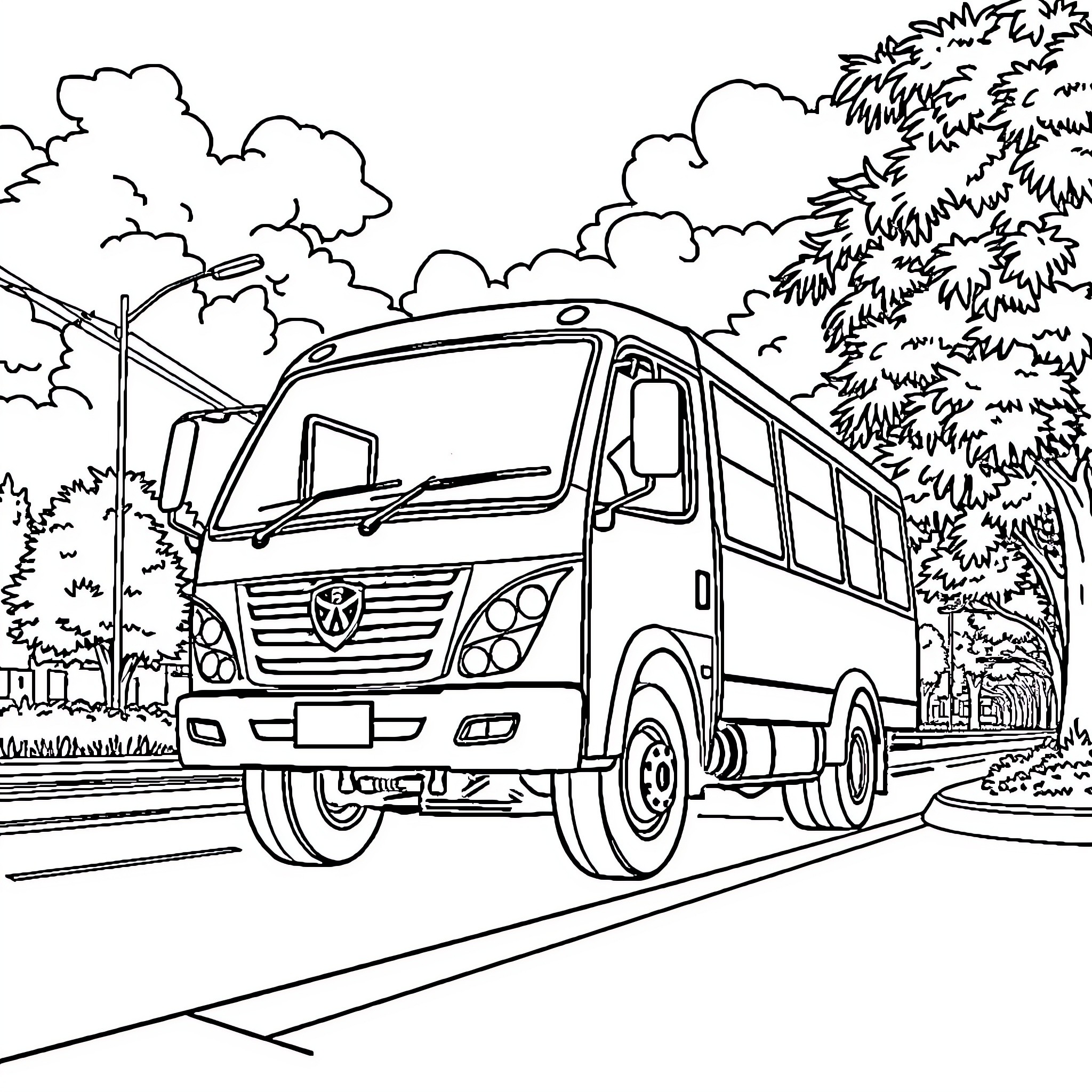 Truck transporting passengers on a city street Coloring Page (free black-and-white line drawing printable PDF for all, from beginners to advanced learners, including children, teens, adults, and seniors)