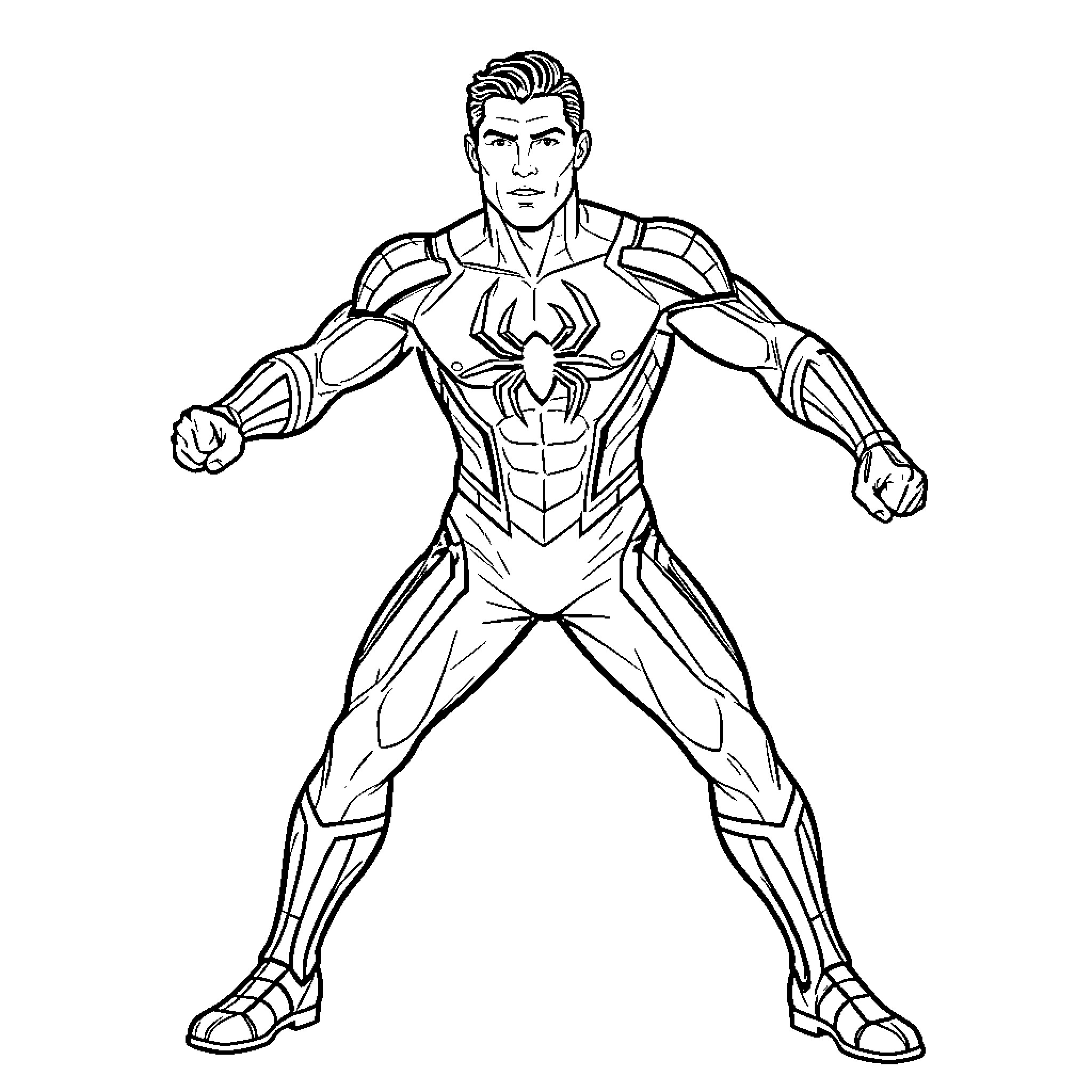 Ronaldo standing heroically in a superhero suit Coloring Page (free black-and-white line drawing printable PDF for all, from beginners to advanced learners, including children, teens, adults, and seniors)