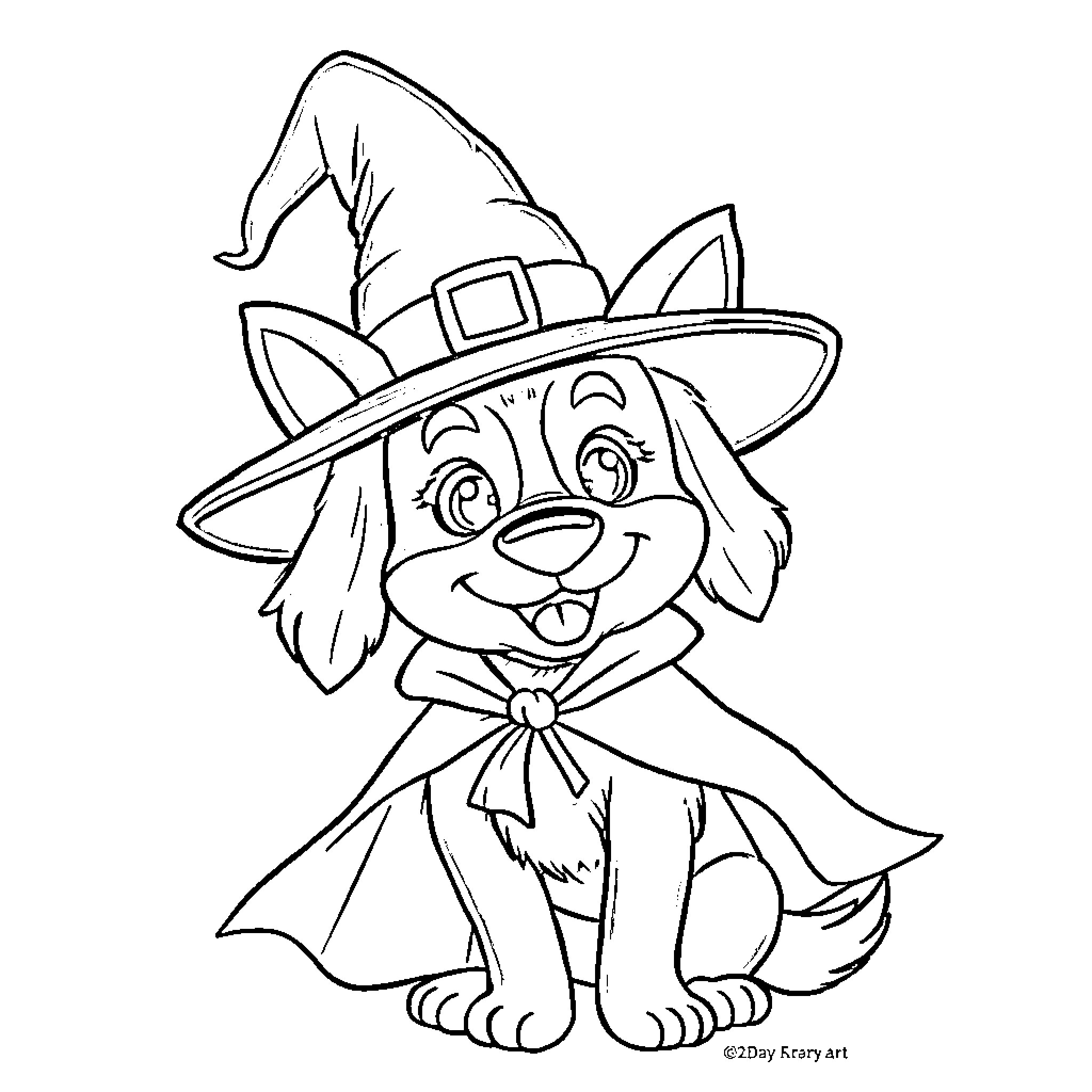 Bluey the Pup in Witch Costume Coloring Page (free black-and-white line drawing printable PDF for all, from beginners to advanced learners, including children, teens, adults, and seniors)