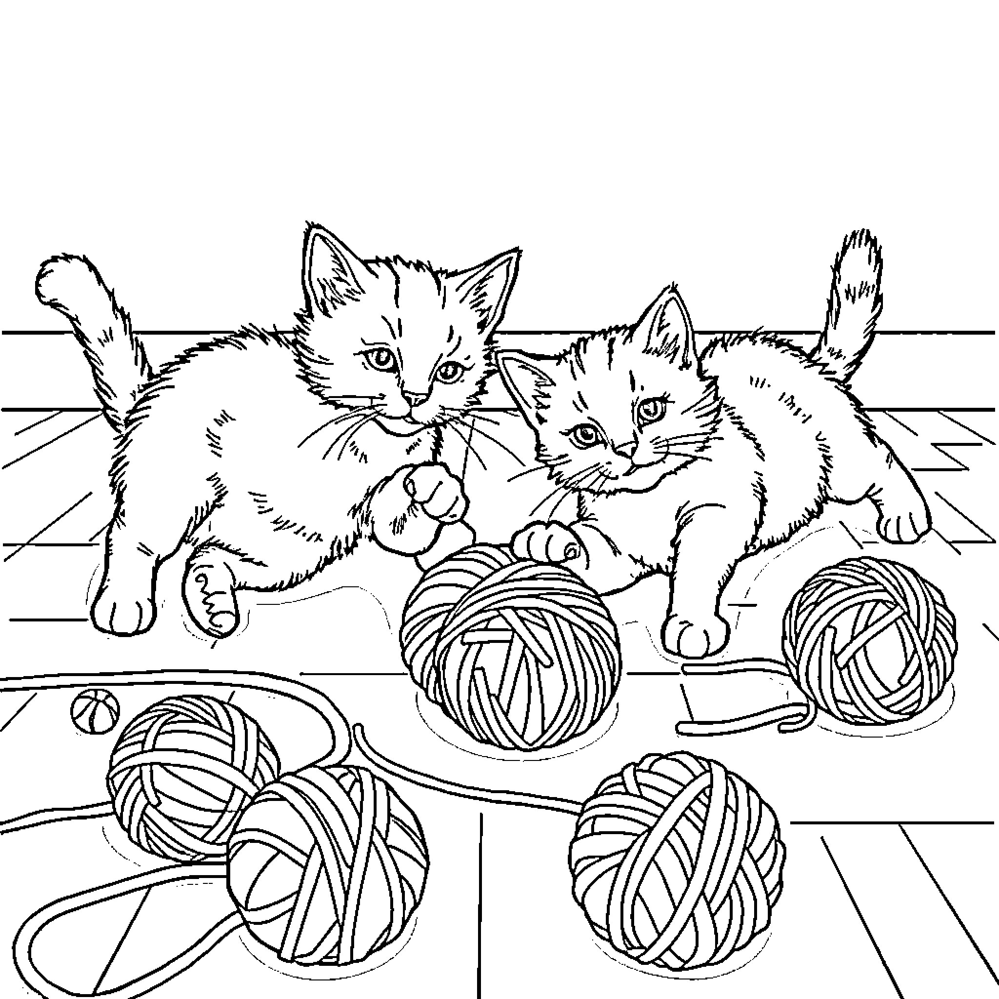 Cats Playing with Yarn Balls Coloring Page (free black-and-white line drawing printable PDF for all, from beginners to advanced learners, including children, teens, adults, and seniors)