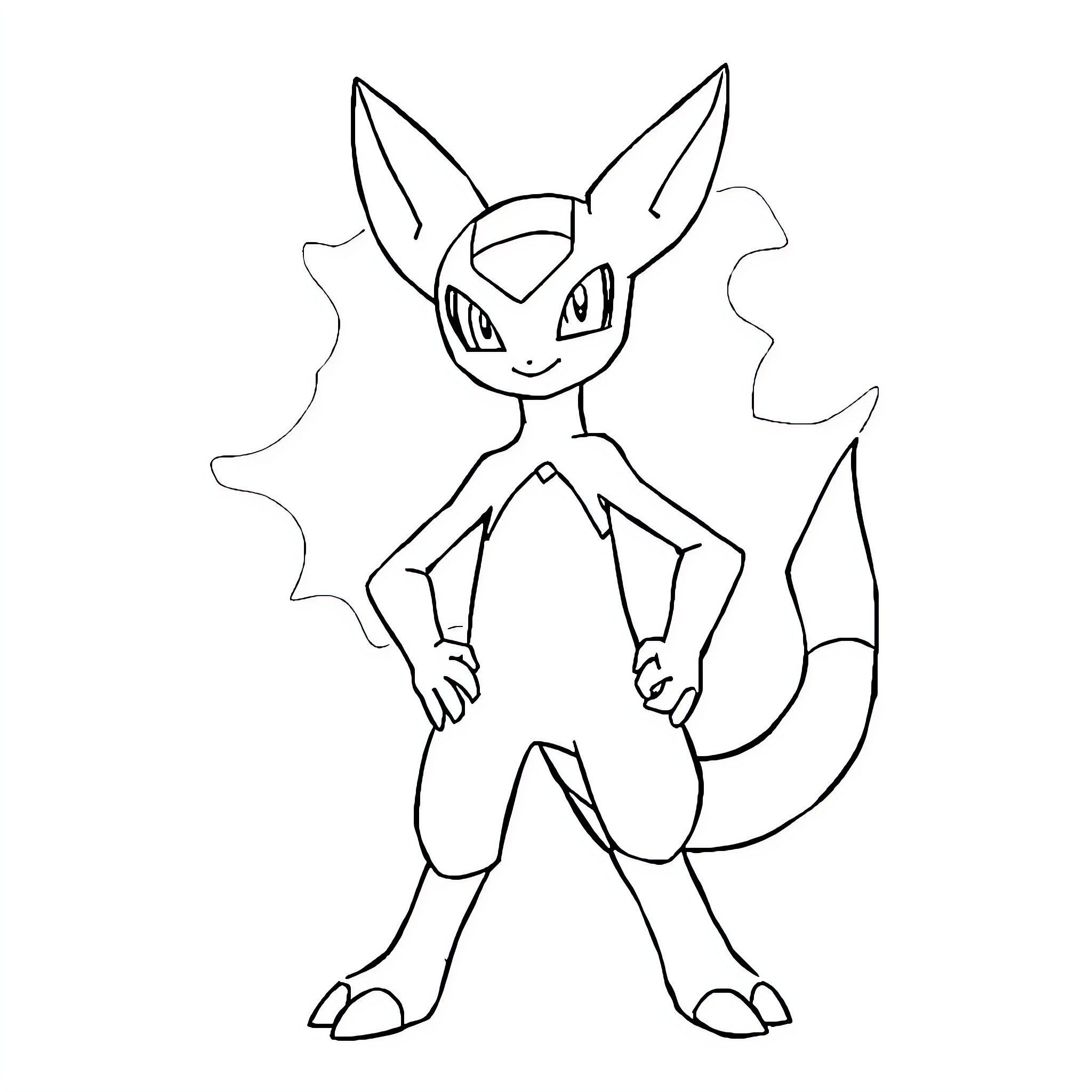 Mewtwo in a confident pose Coloring Page (free black-and-white line drawing printable PDF for all, from beginners to advanced learners, including children, teens, adults, and seniors)