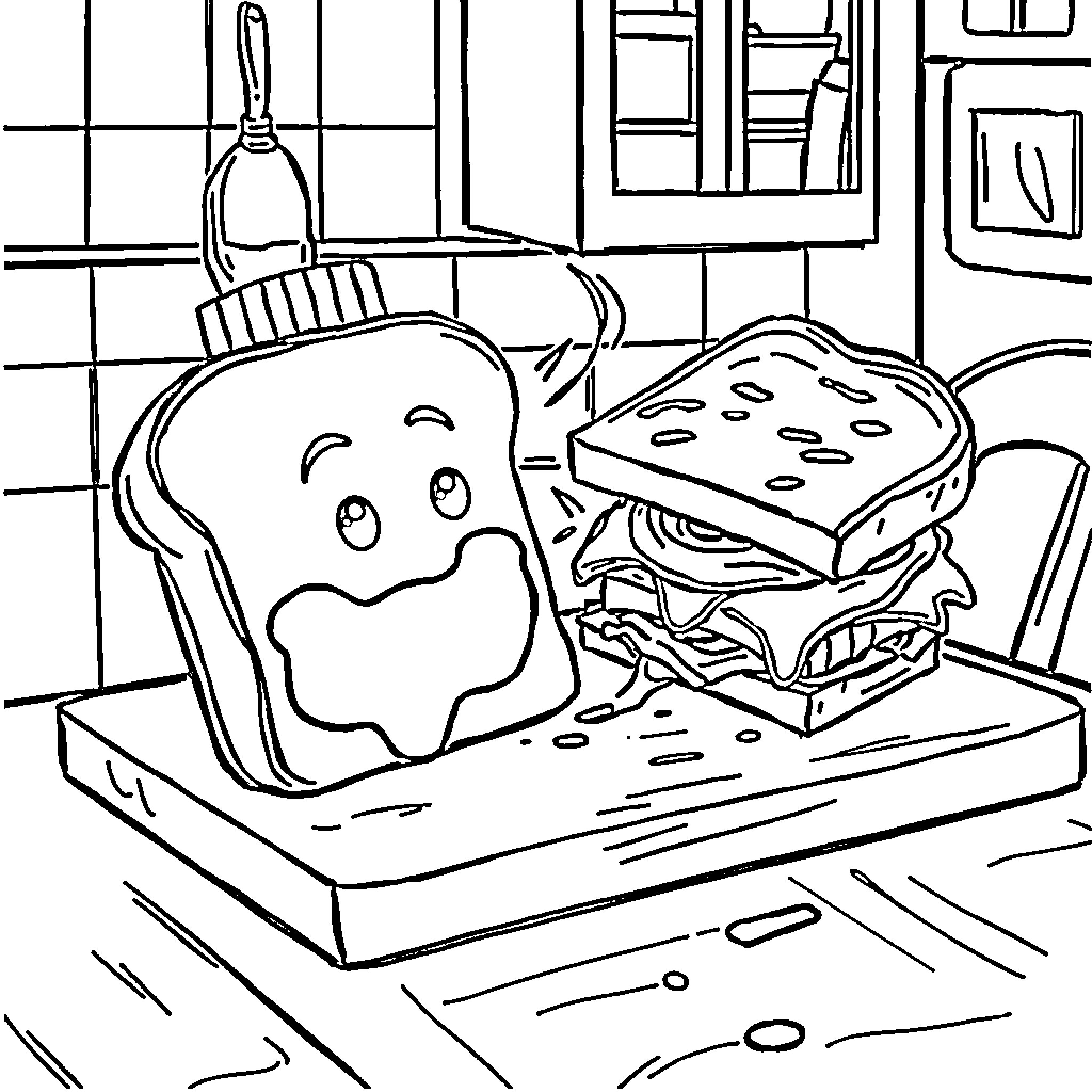 Sandwich shop with cute cartoon characters Coloring Page (free black-and-white line drawing printable PDF for all, from beginners to advanced learners, including children, teens, adults, and seniors)