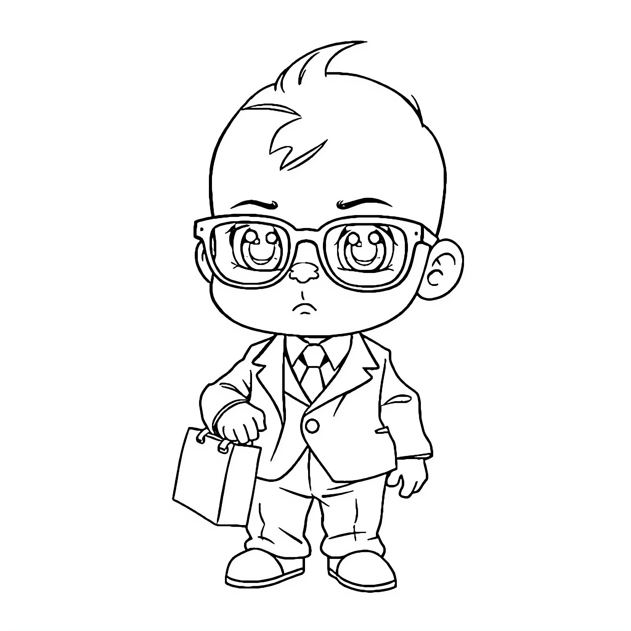 Boss Baby in Formal Attire and Eyeglasses Coloring Page (free black-and-white line drawing printable PDF for all, from beginners to advanced learners, including children, teens, adults, and seniors)