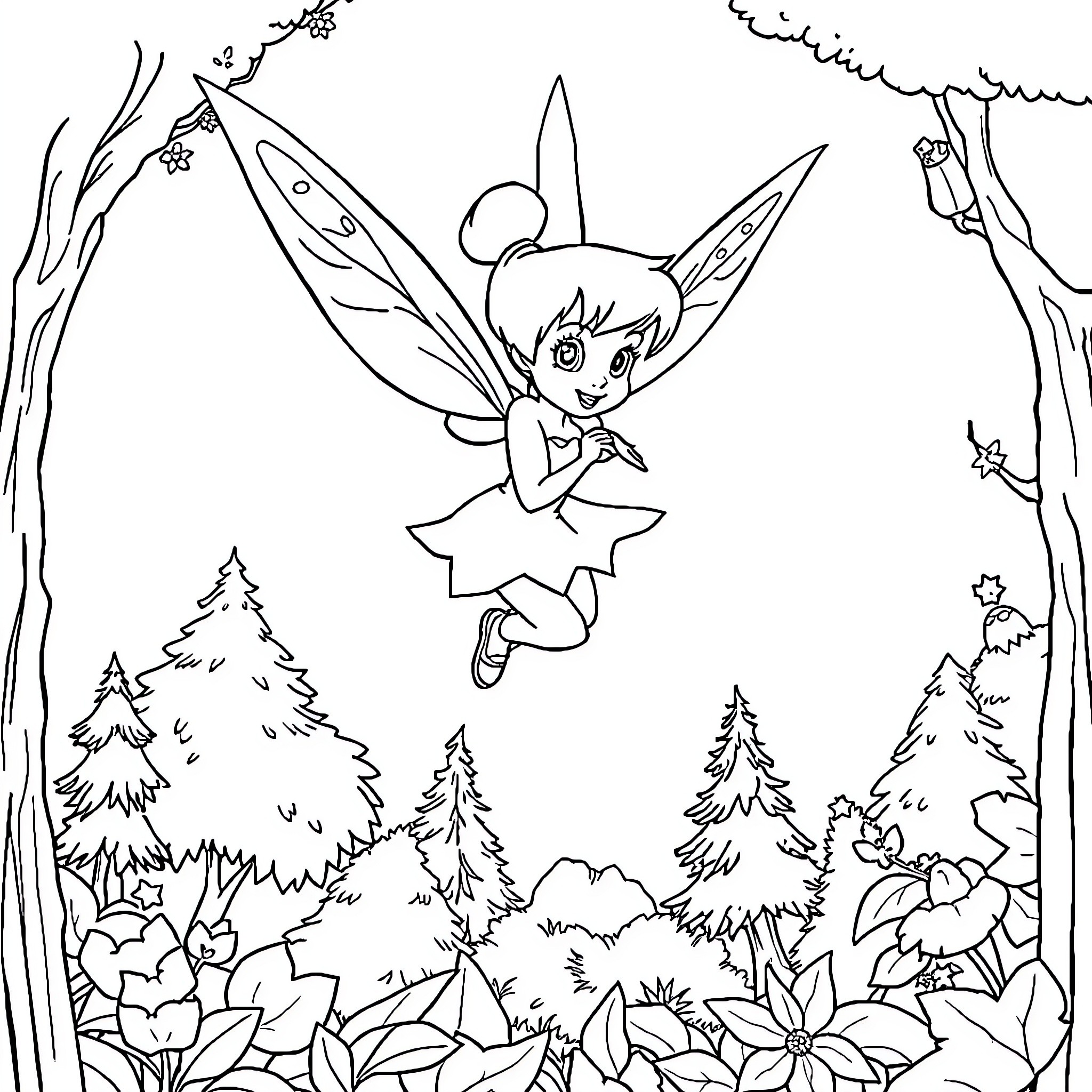 Tinkerbell's Enchanted Forest Adventure Coloring Page (free black-and-white line drawing printable PDF for all, from beginners to advanced learners, including children, teens, adults, and seniors)