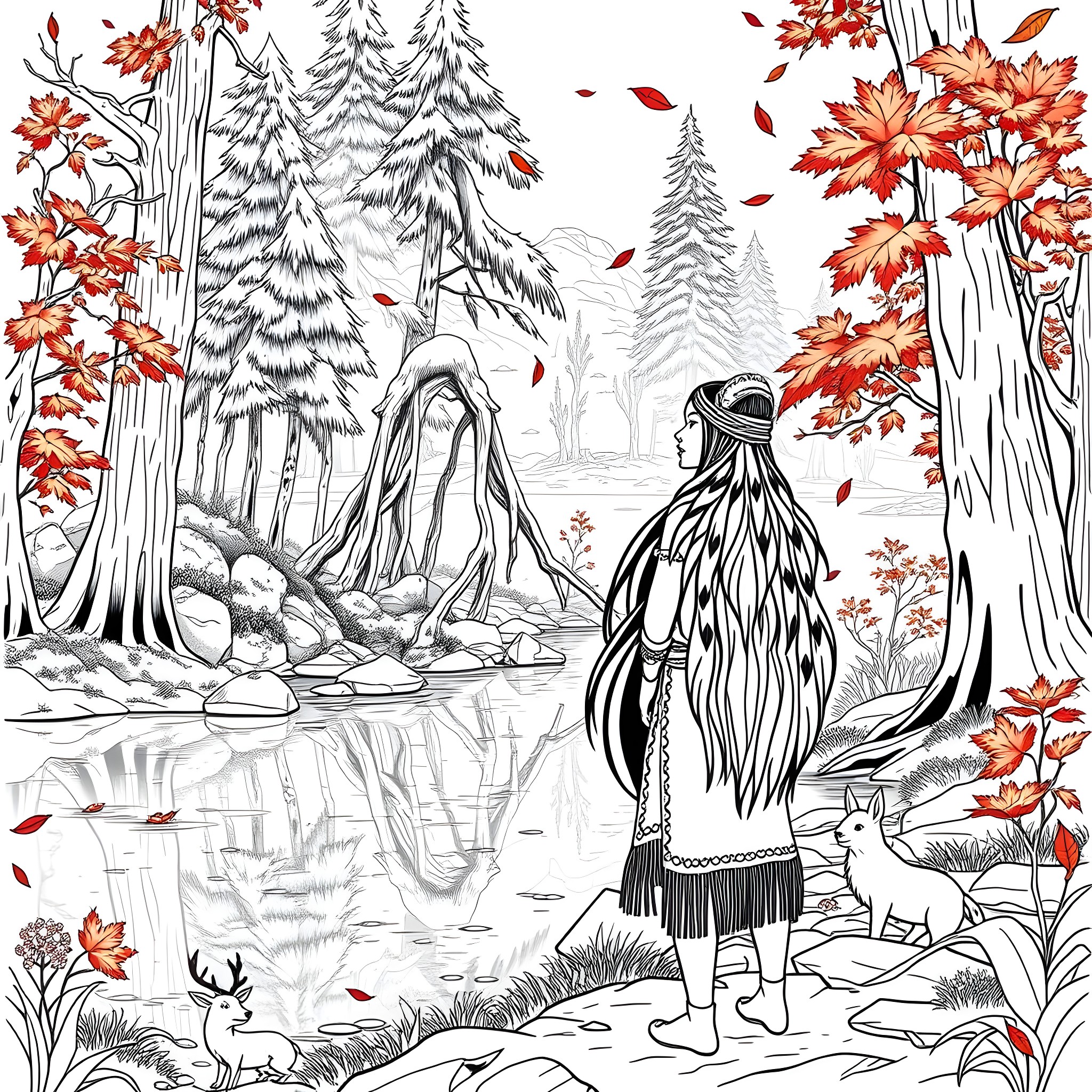 Pocahontas exploring the autumn forest Coloring Page (free black-and-white line drawing printable PDF for all, from beginners to advanced learners, including children, teens, adults, and seniors)