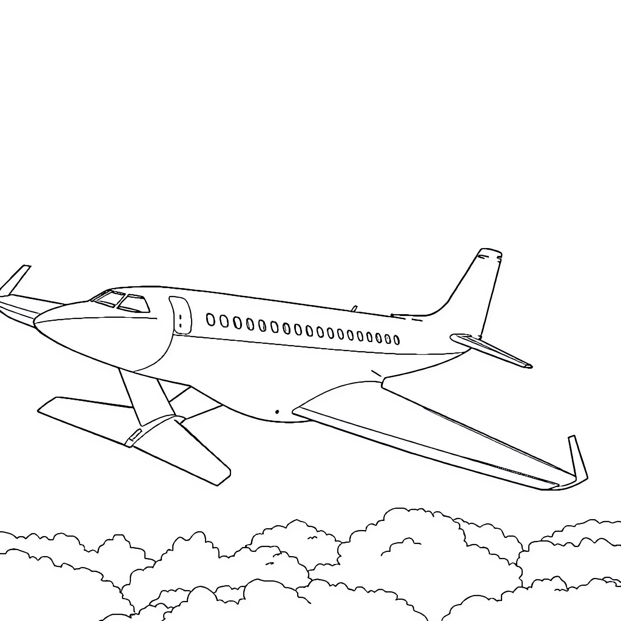 Plane soaring through cloudy skies Coloring Page (free black-and-white line drawing printable PDF for all, from beginners to advanced learners, including children, teens, adults, and seniors)
