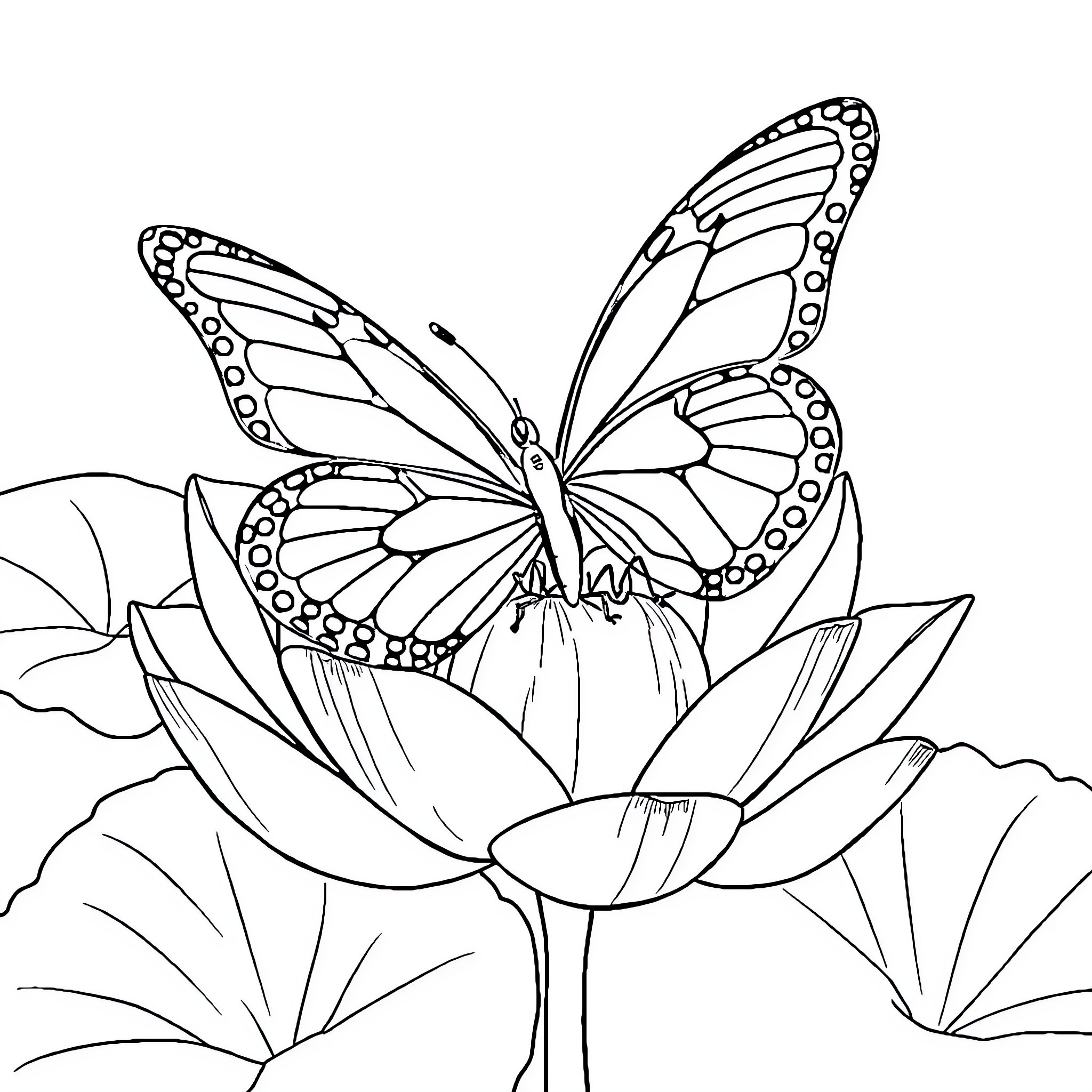 Butterfly resting on a lotus flower Coloring Page (free black-and-white line drawing printable PDF for all, from beginners to advanced learners, including children, teens, adults, and seniors)