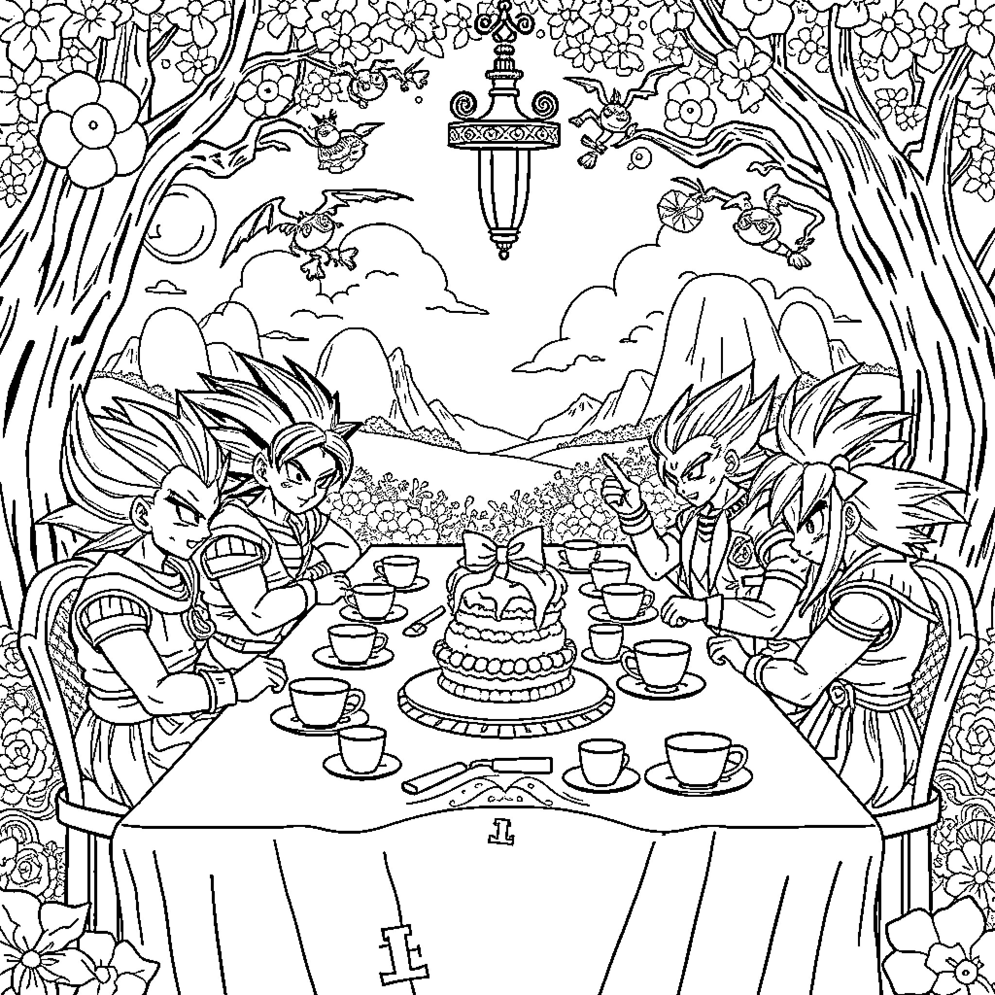 Dragonball Z Characters Enjoying a Celebratory Feast Coloring Page (free black-and-white line drawing printable PDF for all, from beginners to advanced learners, including children, teens, adults, and seniors)