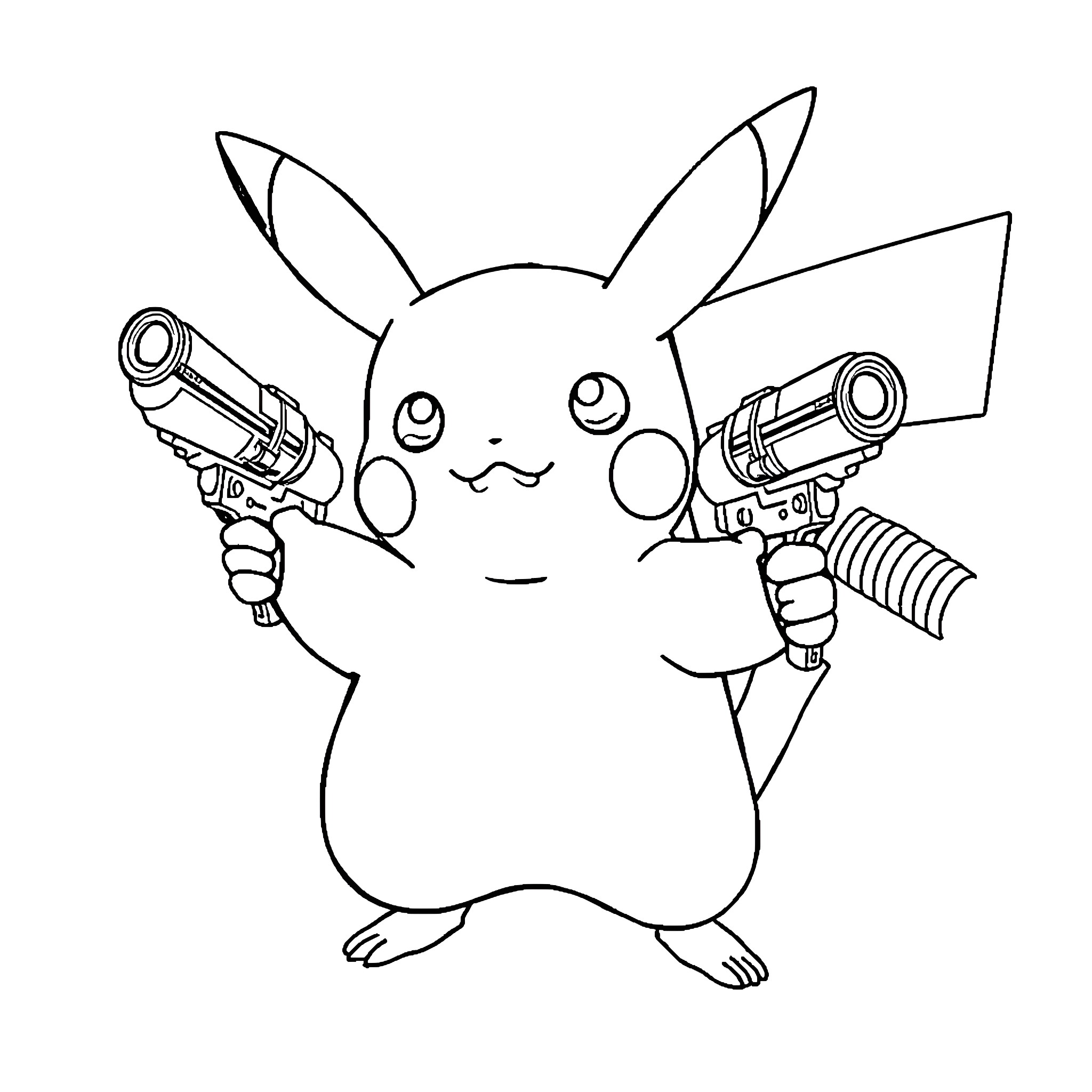 Pikachu wielding dual blasters in action Coloring Page (free black-and-white line drawing printable PDF for all, from beginners to advanced learners, including children, teens, adults, and seniors)